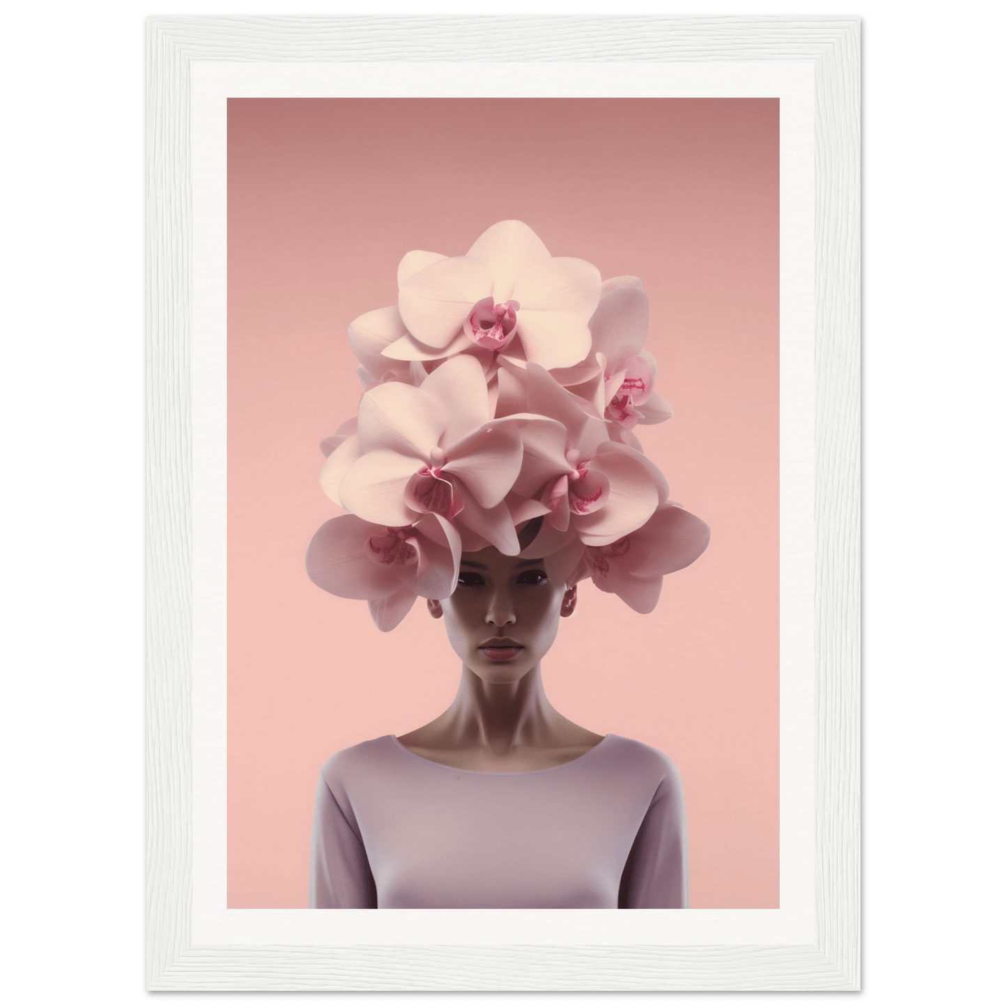 Elegant orchid headdress atop a figure in a pale top.