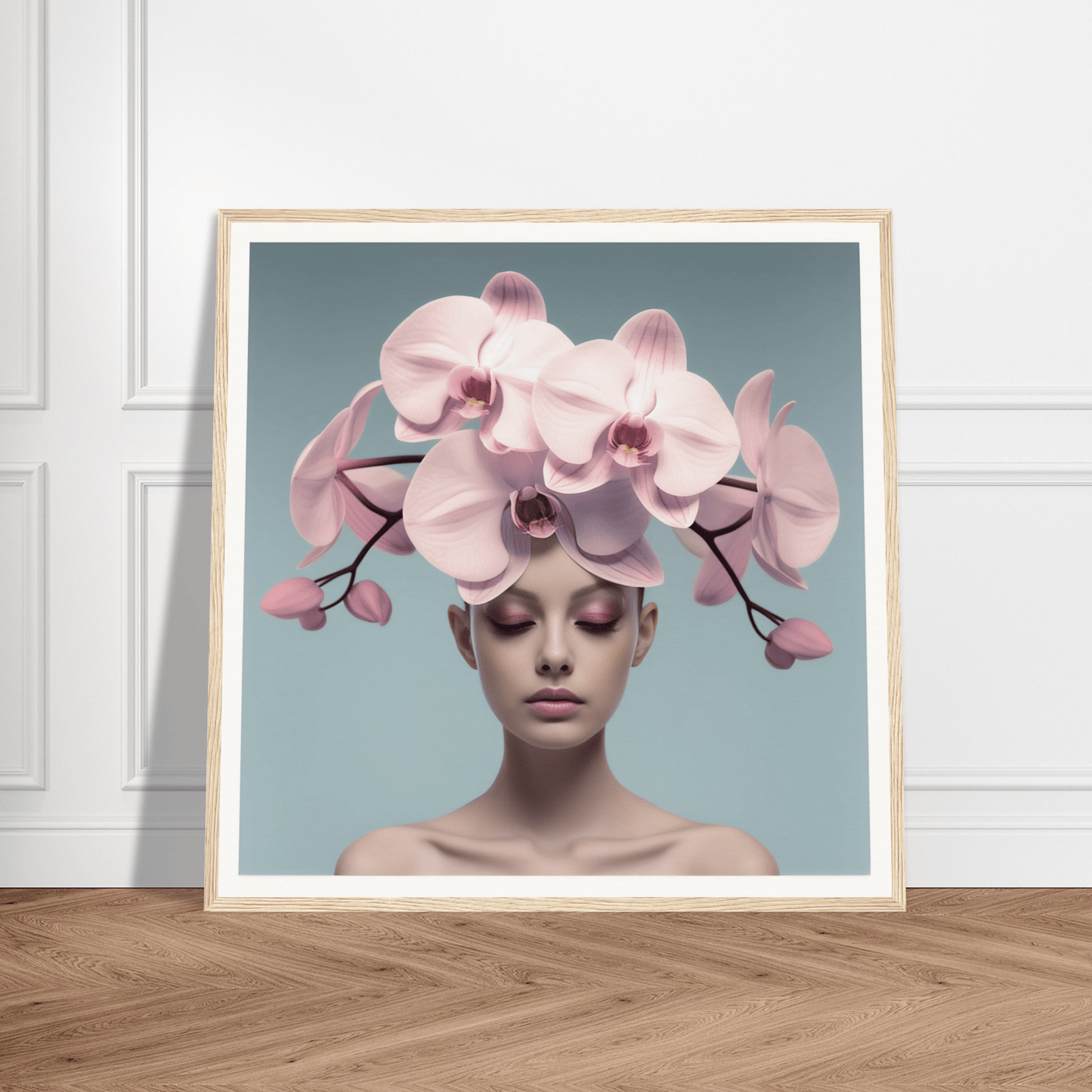 Framed portrait of a person wearing a headdress made of pink orchids.