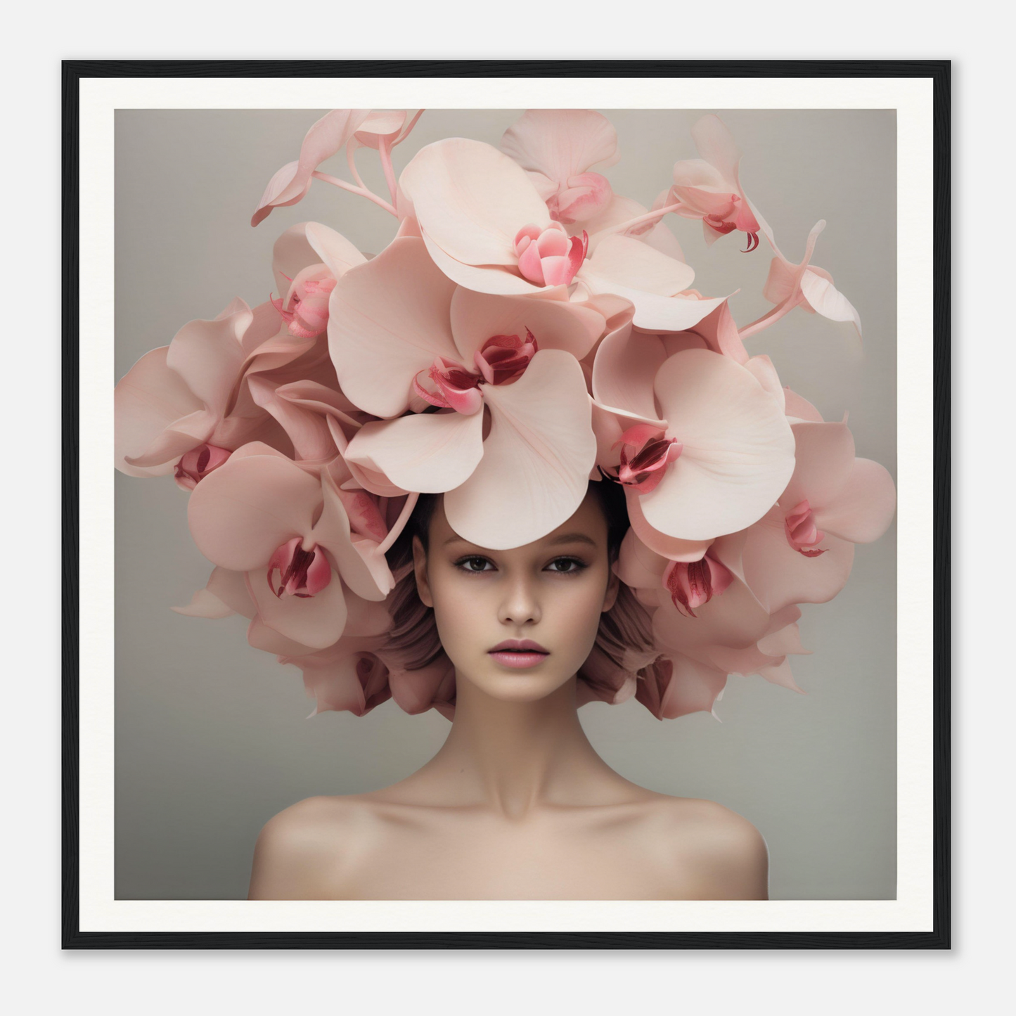 Elaborate floral headdress made of pink orchids worn by a woman.