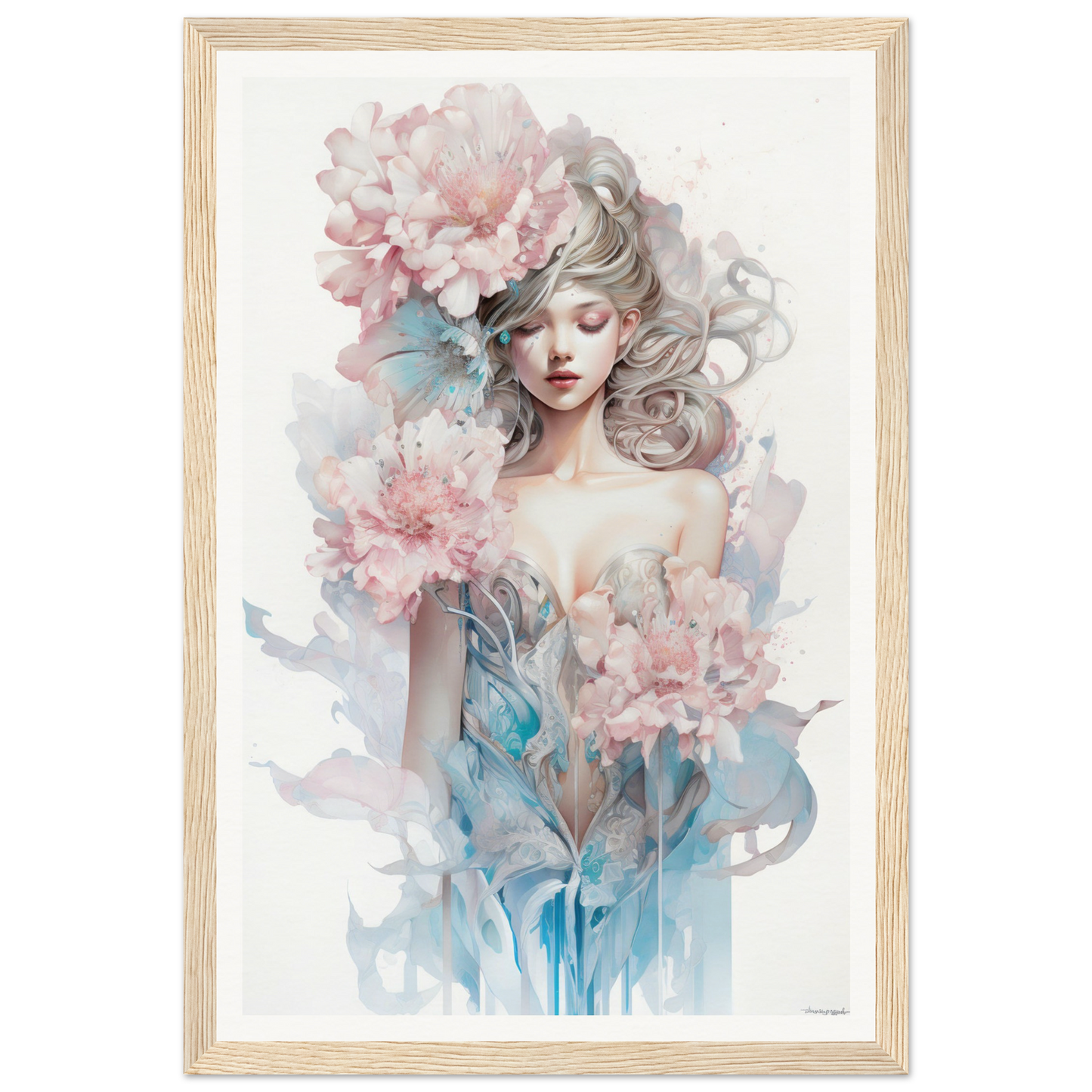 Watercolor-style painting of a woman surrounded by soft pink flowers and blue foliage.