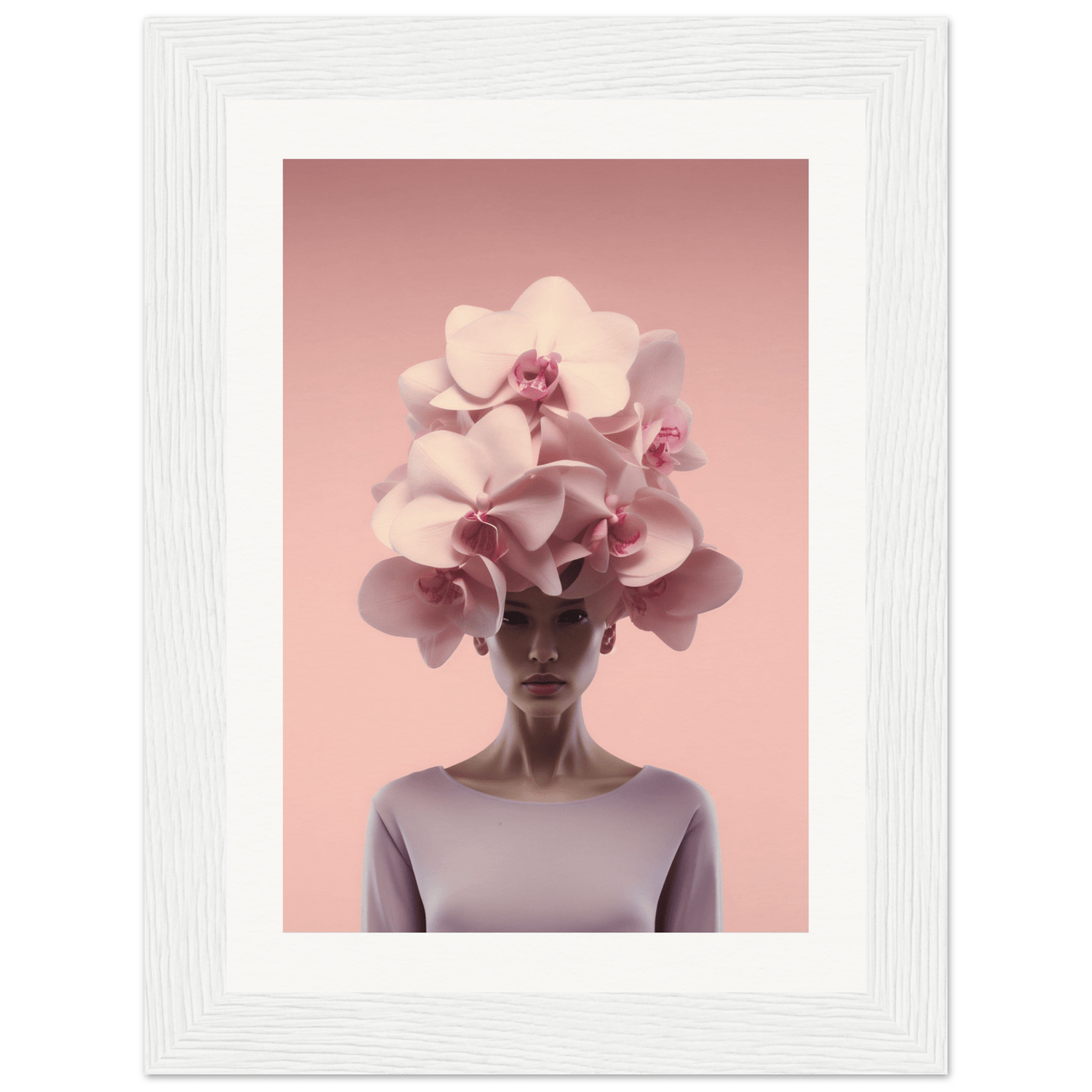 A figure wearing a lavender top with oversized white and pink orchids obscuring the upper part of their head.
