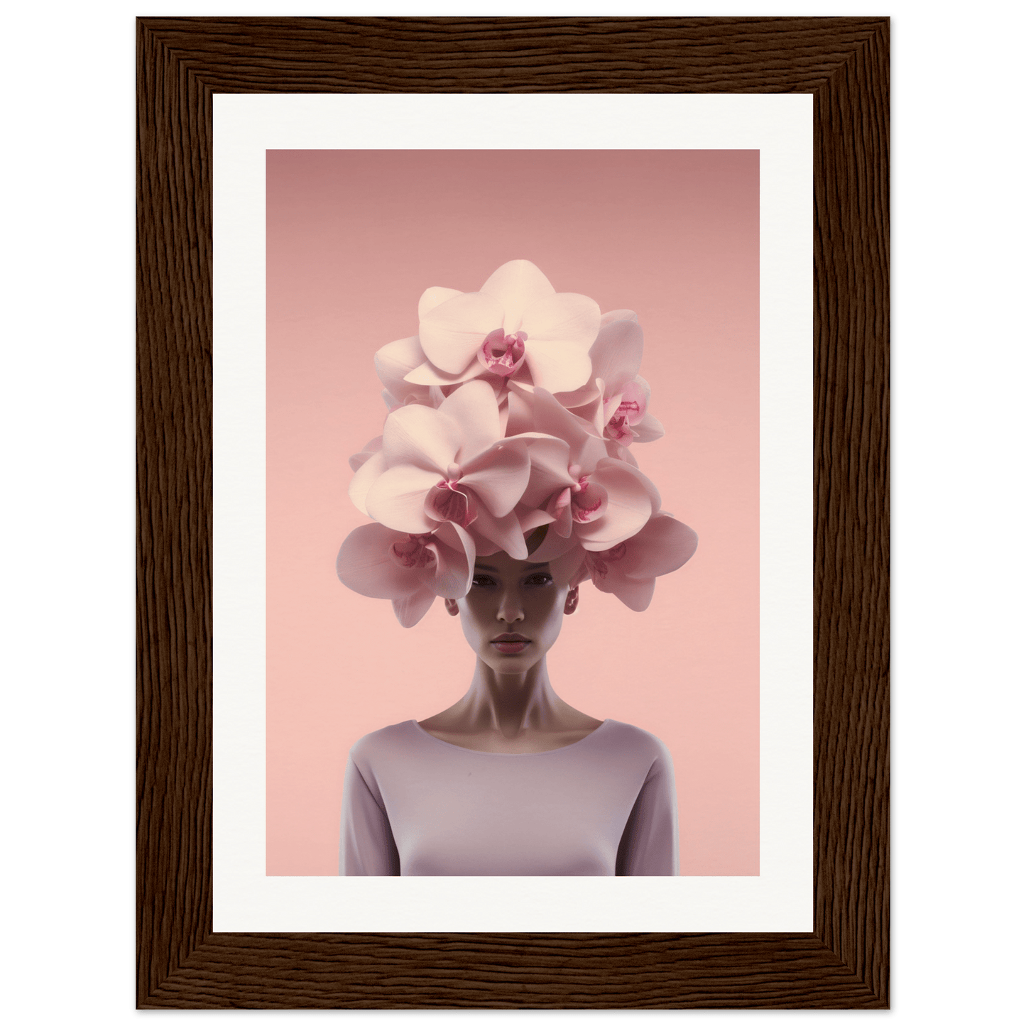 Surreal portrait of a figure with giant orchid blooms in place of their head.