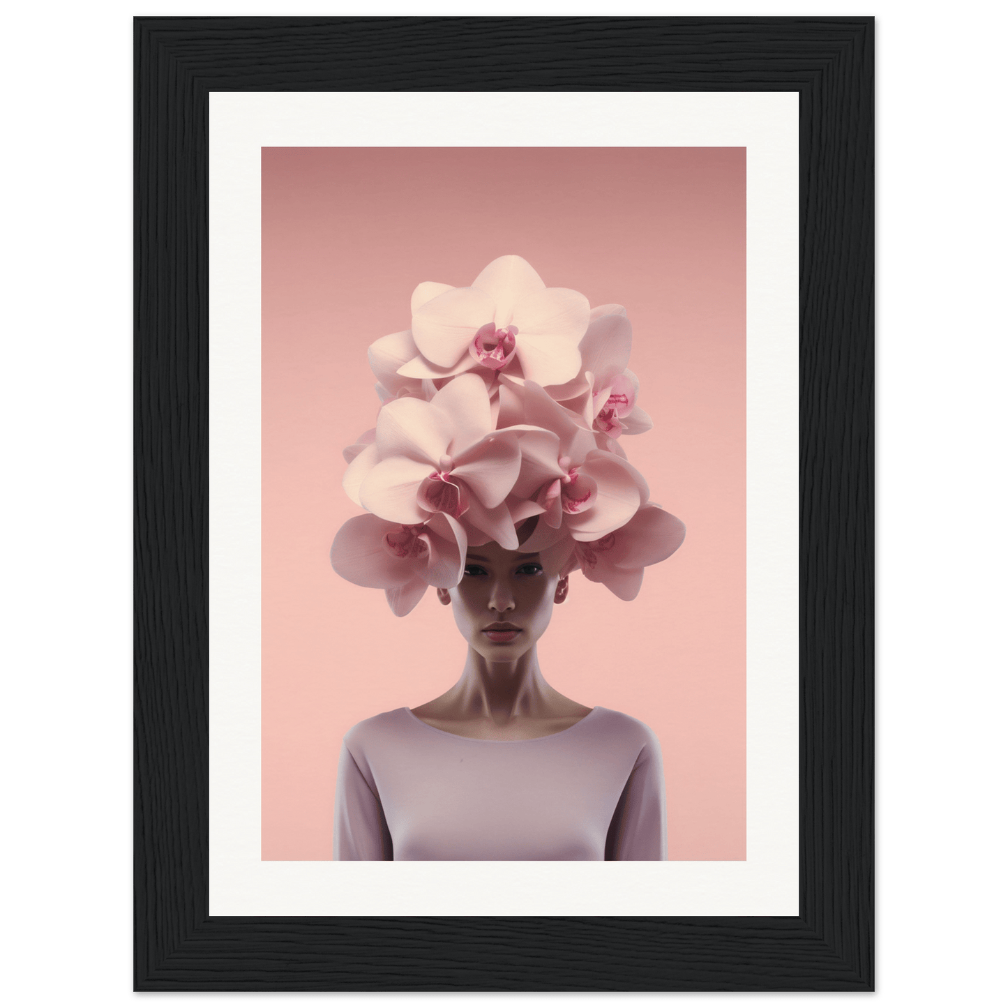 A person wearing an elaborate orchid headdress.