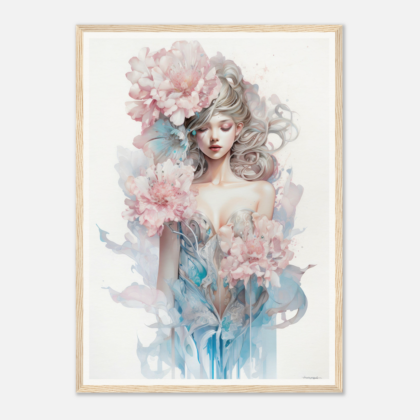 Ethereal watercolor-style portrait of a woman with flowing hair and pink peonies.