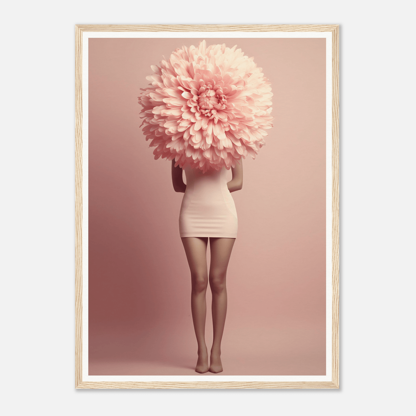 A person wearing a short white dress with an oversized pink flower obscuring their head and upper body.