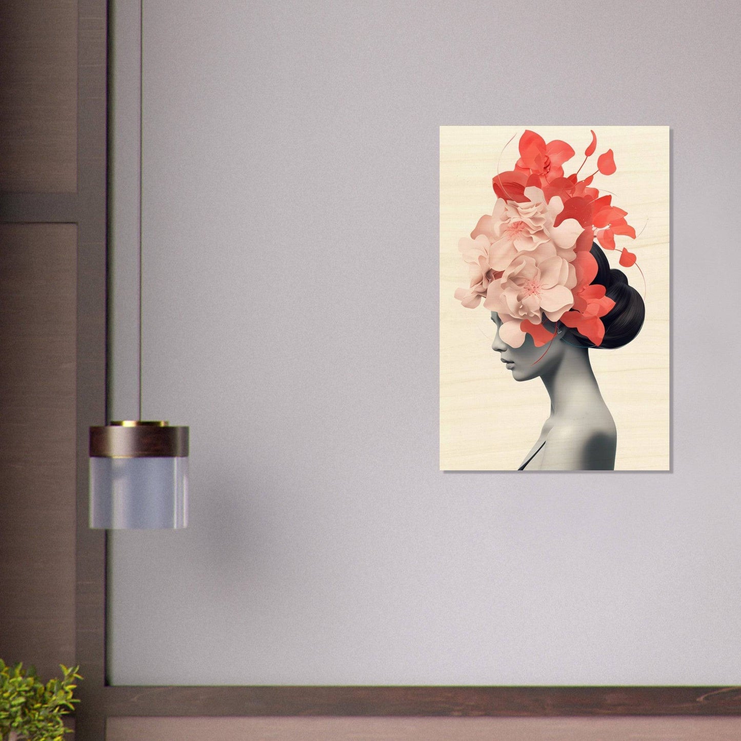 Artistic portrait featuring a silhouette with vibrant red floral elements atop the head.