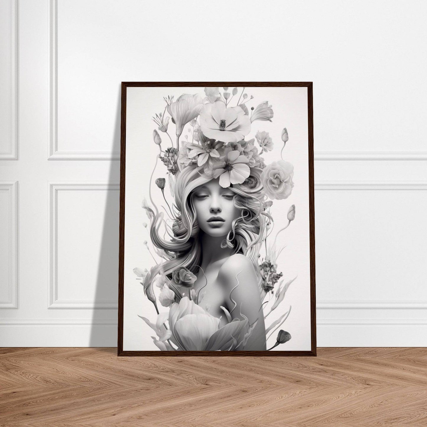 Framed black and white portrait of a woman with an elaborate floral headdress.