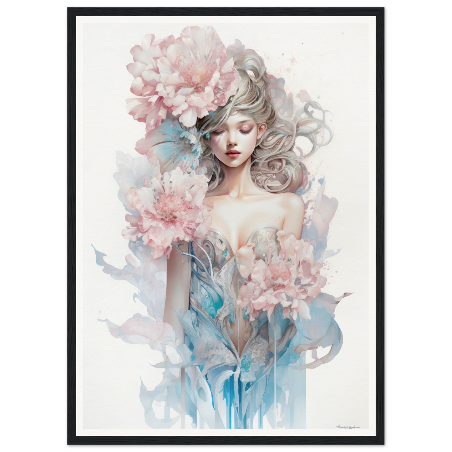 Ethereal watercolor-style portrait of a woman surrounded by delicate pink flowers and blue-tinted foliage.