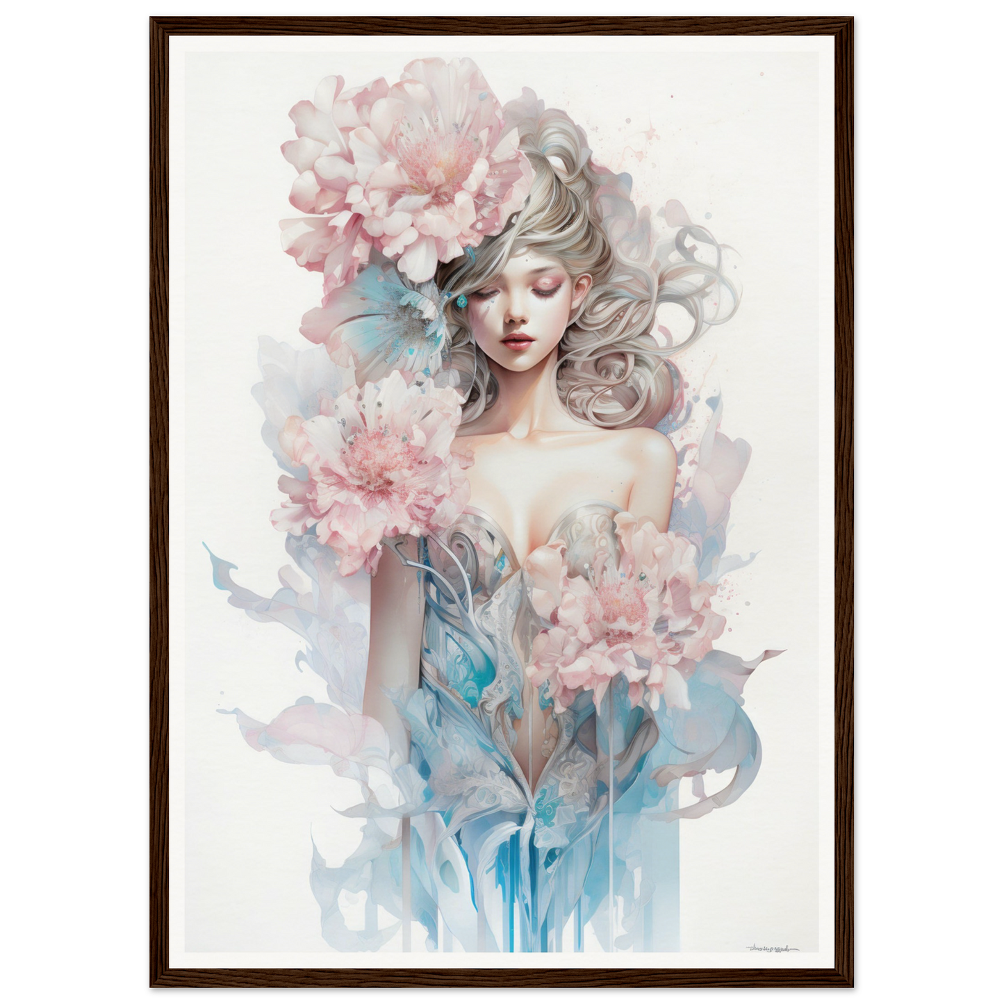 Ethereal watercolor-style portrait of a woman surrounded by delicate pink flowers and blue accents.