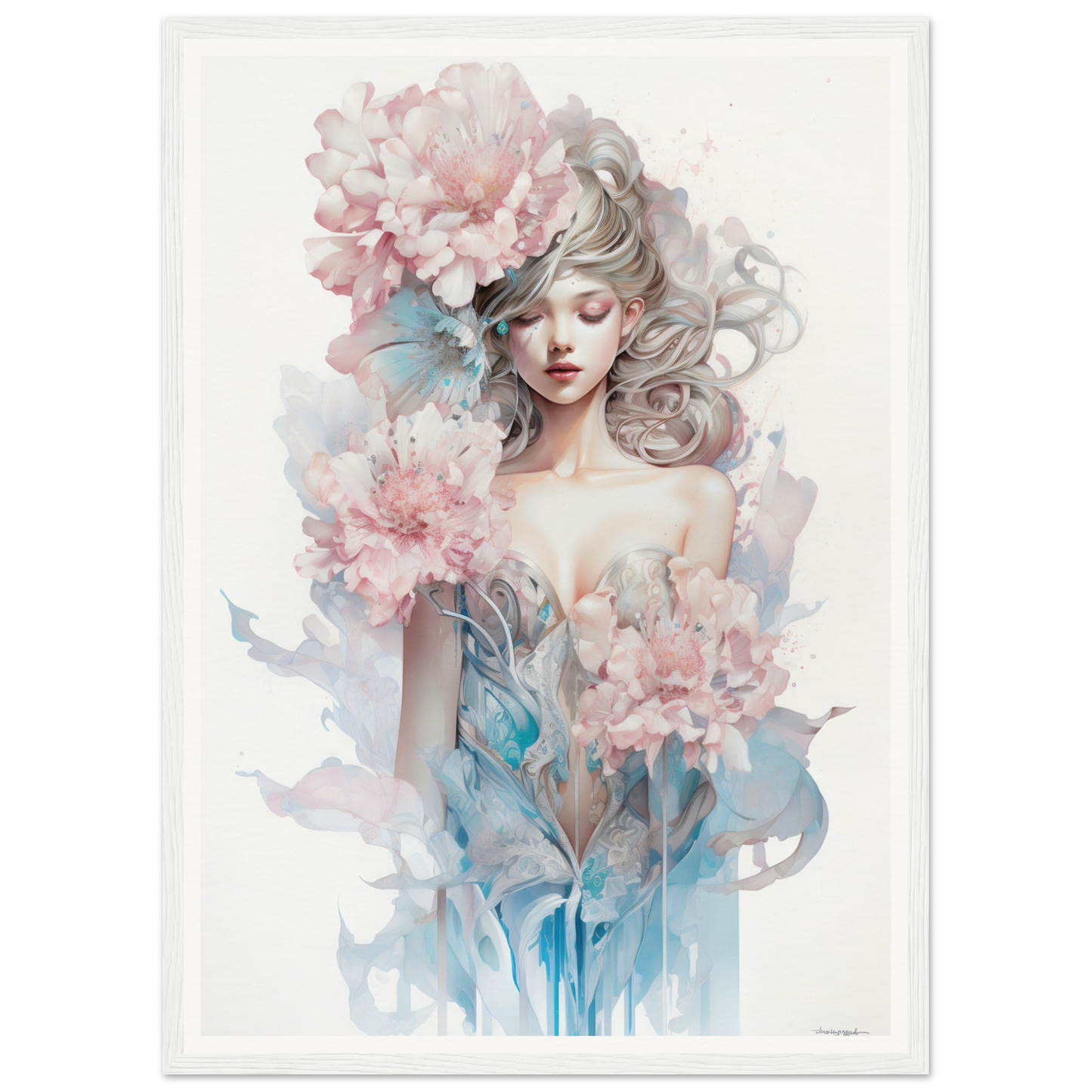 Ethereal watercolor-style portrait of a woman surrounded by delicate pink flowers and soft blue hues.