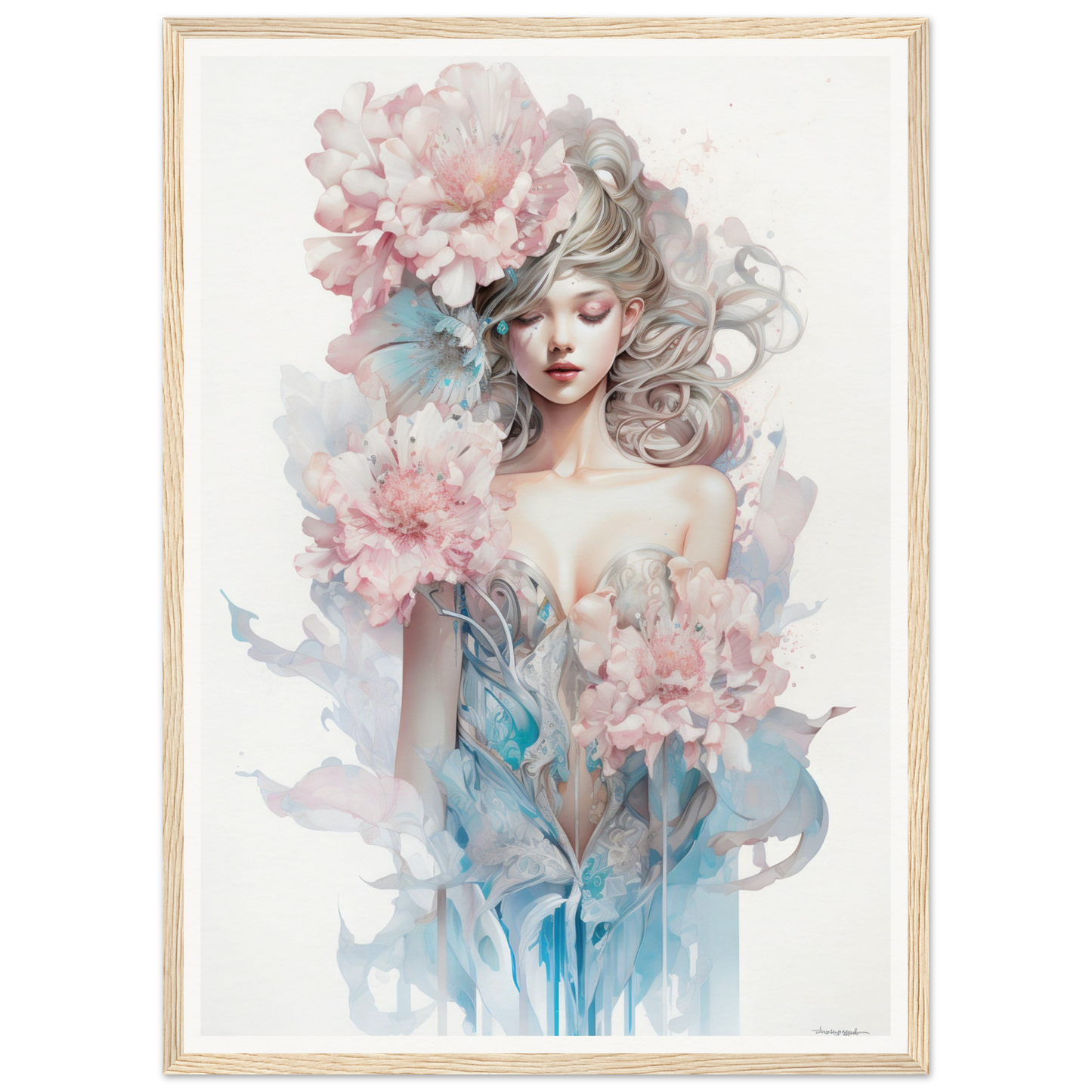 Ethereal watercolor-style portrait of a woman surrounded by soft pink flowers and blue-tinted foliage.