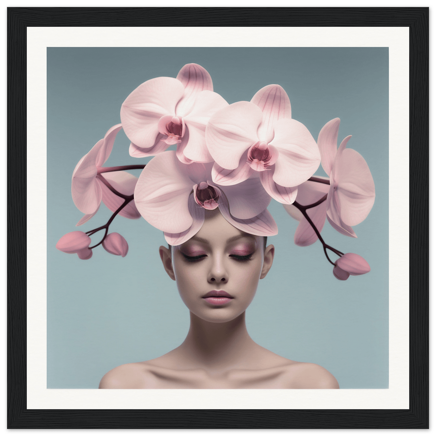 Orchid headdress worn by a woman with closed eyes.