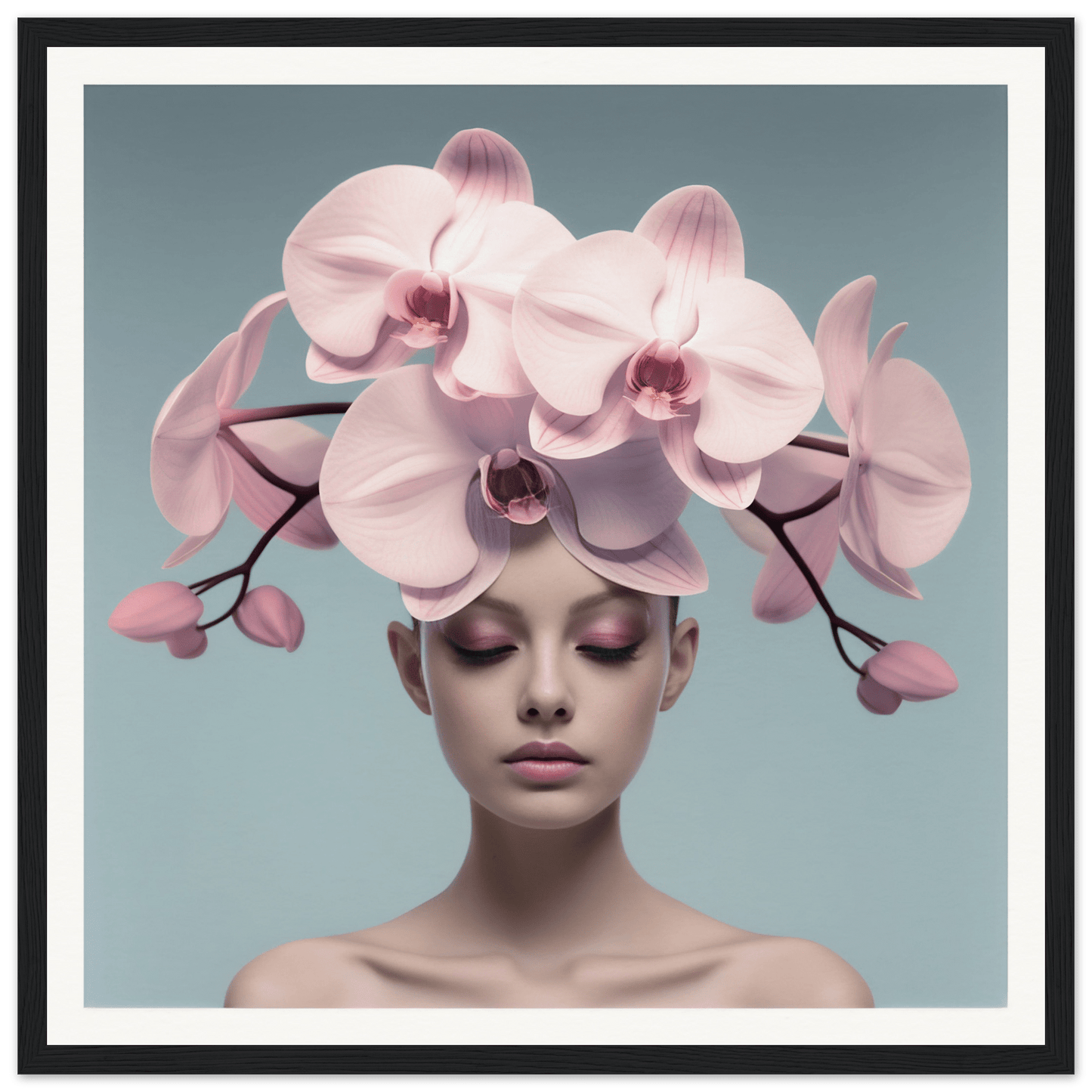 Pale pink orchid blossoms arranged atop a person’s head like an elaborate floral headdress.