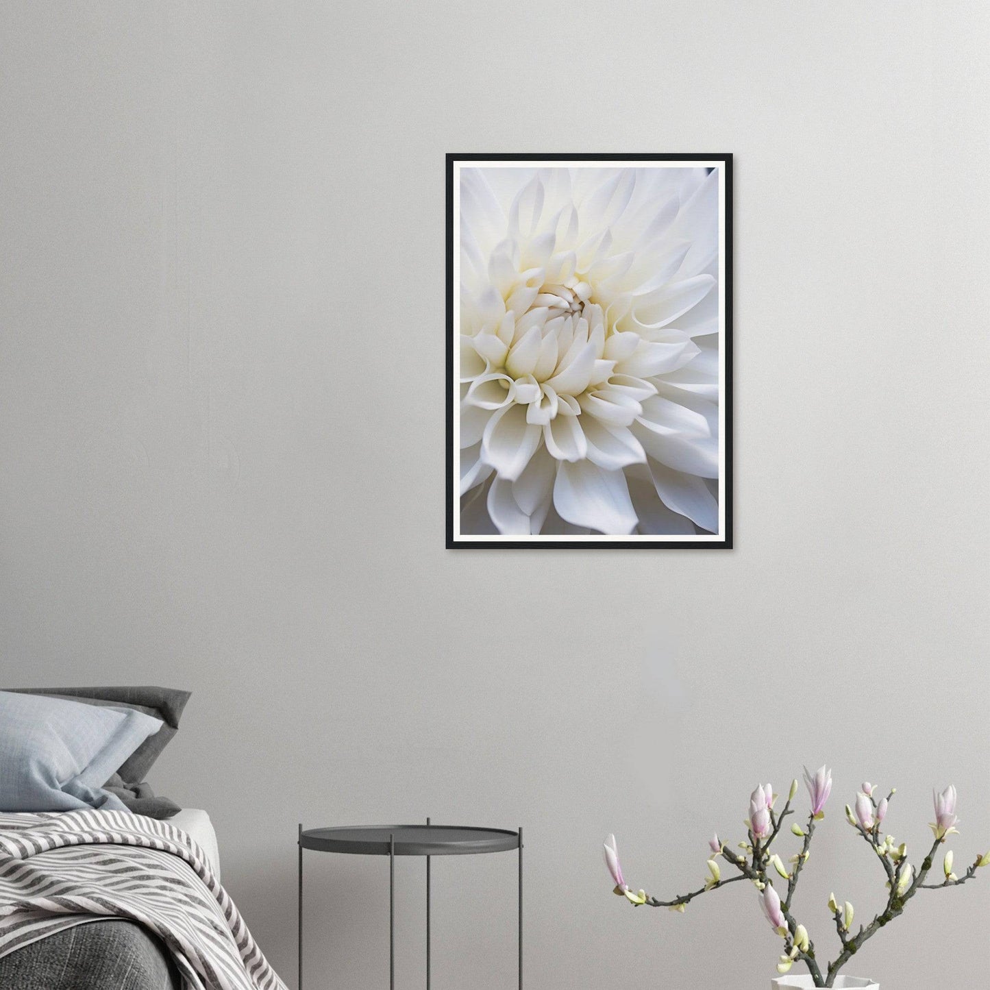 Framed photograph of a white dahlia flower in close-up.