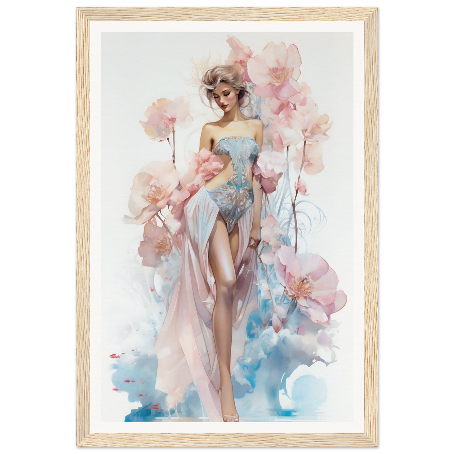 Watercolor painting of an elegant woman in a flowing dress surrounded by pink flowers.