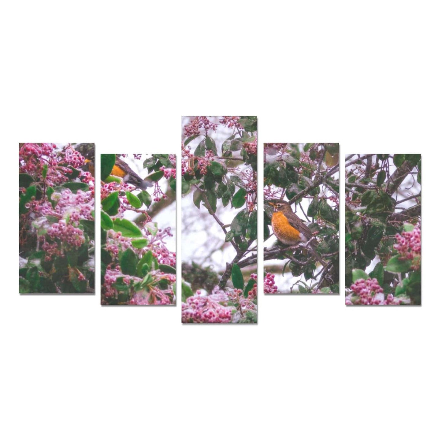 Five-panel canvas art print featuring a robin perched among pink cherry blossoms.