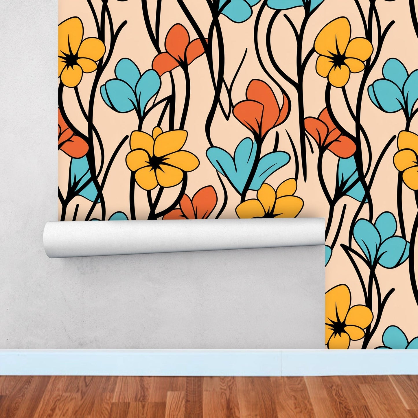 Colorful floral patterned wallpaper being applied to a wall.