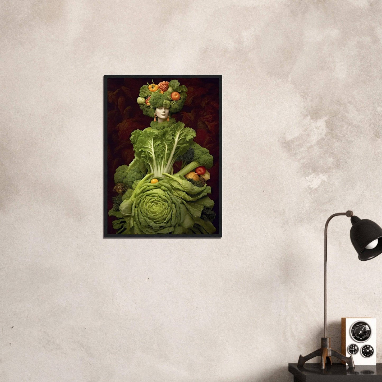 Surreal portrait composed entirely of vegetables, featuring a cabbage dress and fruit-adorned headdress.