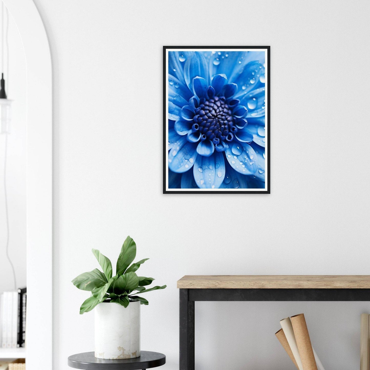 Framed photograph of a vibrant blue flower with water droplets on its petals.