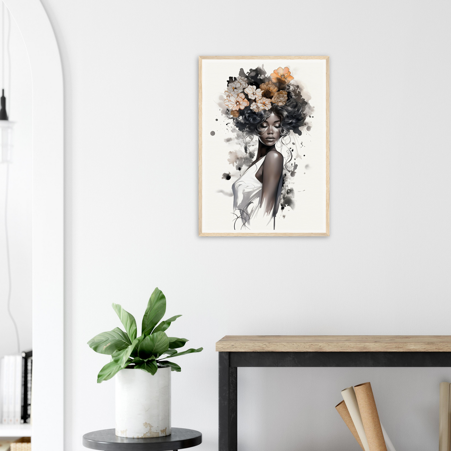 A black woman with flowers on her head, perfect for my Original Ouplence The Oracle Windows™ Collection wall poster.