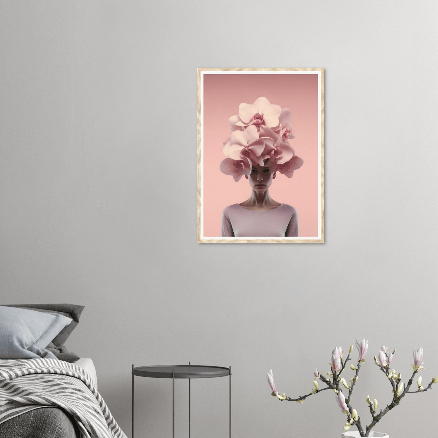 Framed surrealist artwork depicting a figure with flowers blooming from their head instead of a face.