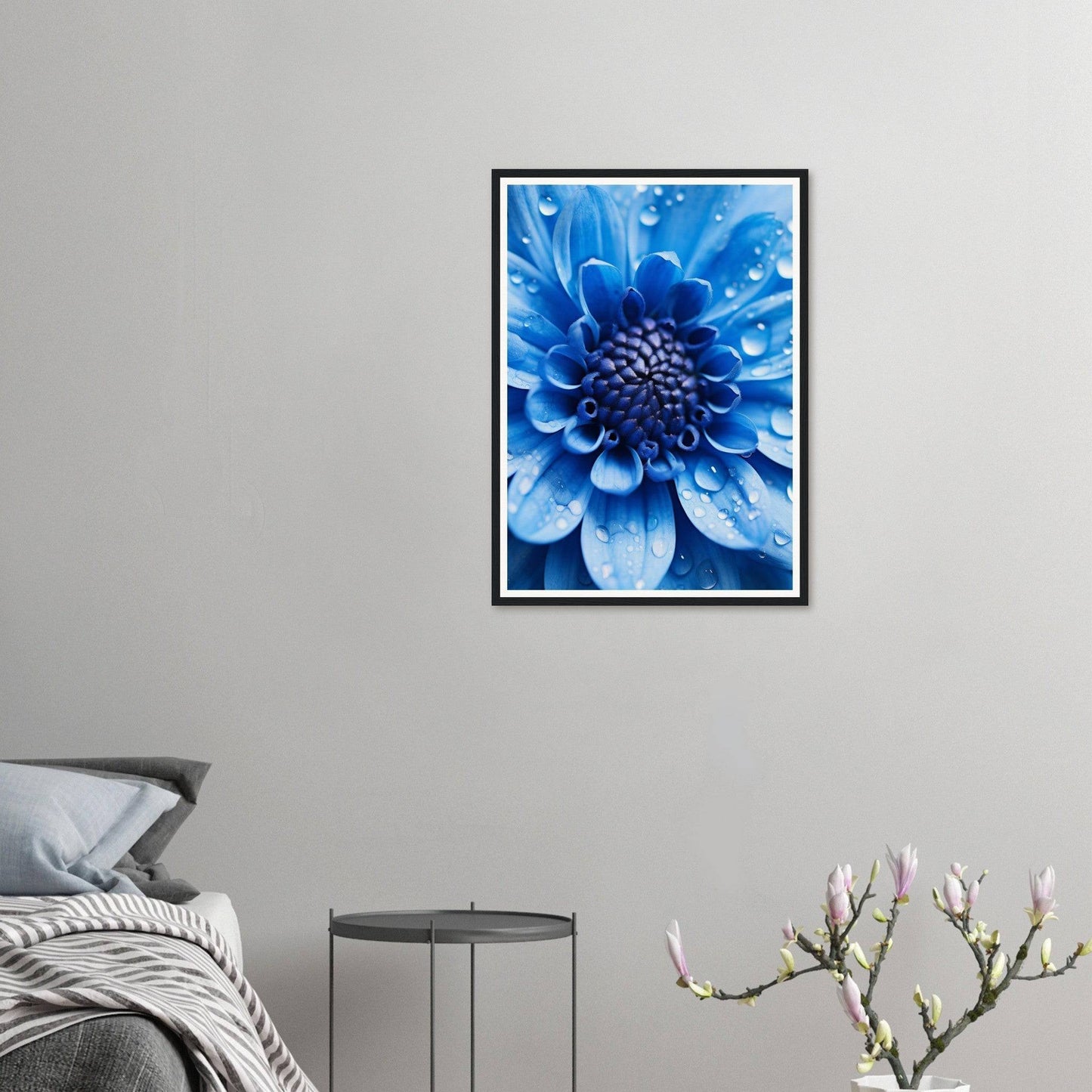 Framed photograph of a vibrant blue flower with intricate petals.