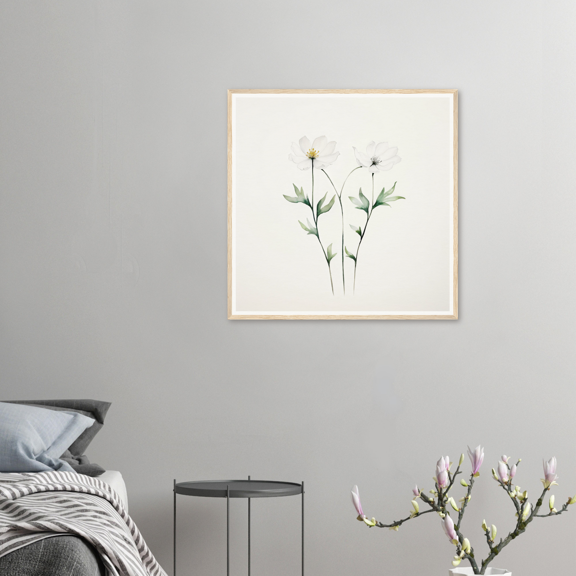 Framed botanical illustration of delicate flowers with thin stems and leaves.