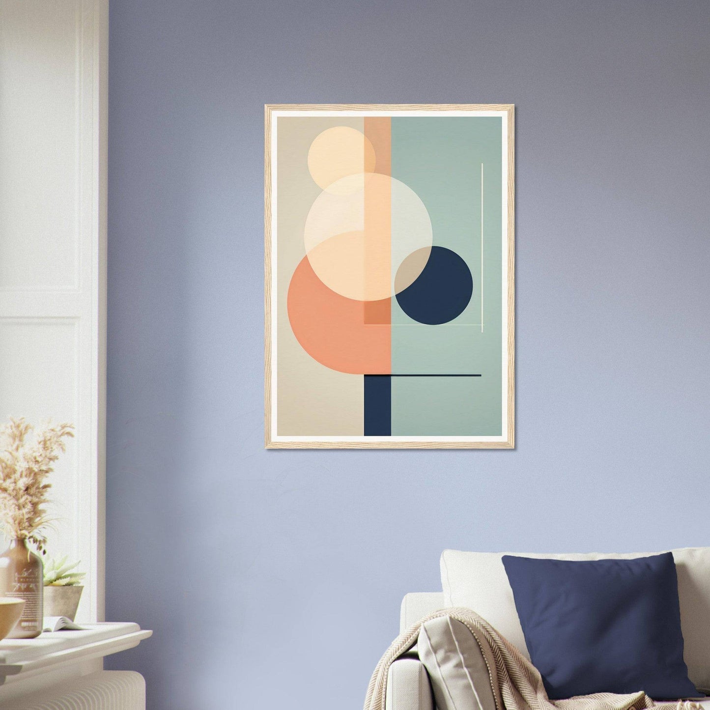 Abstract geometric art print featuring overlapping circles and shapes in muted pastel colors.