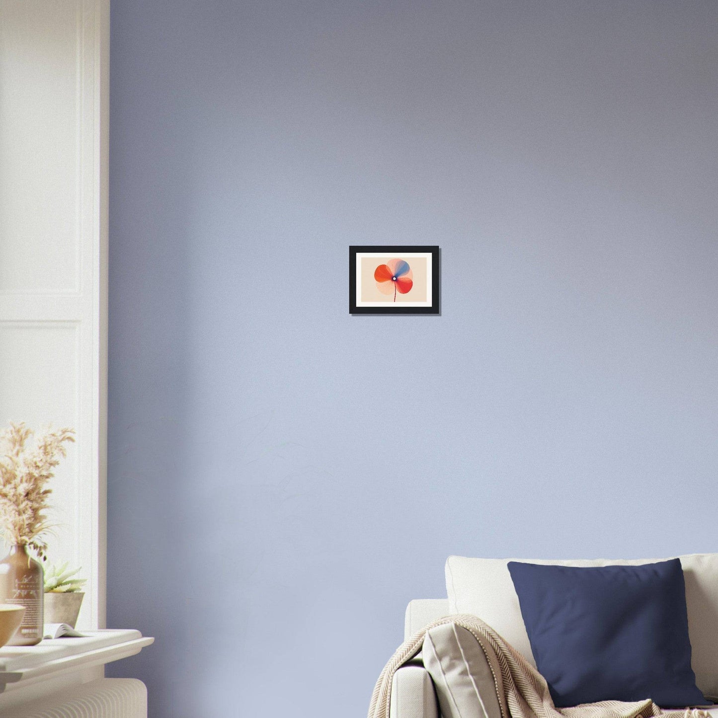 Framed artwork depicting three red balloons on a white background.