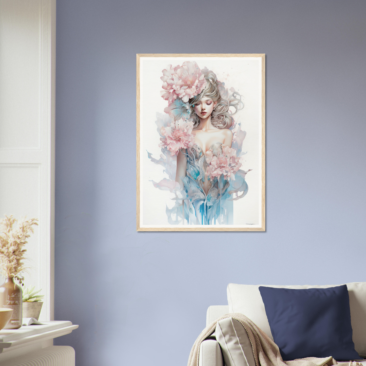 Framed watercolor portrait of a woman with flowing hair and floral elements in soft pastel hues.