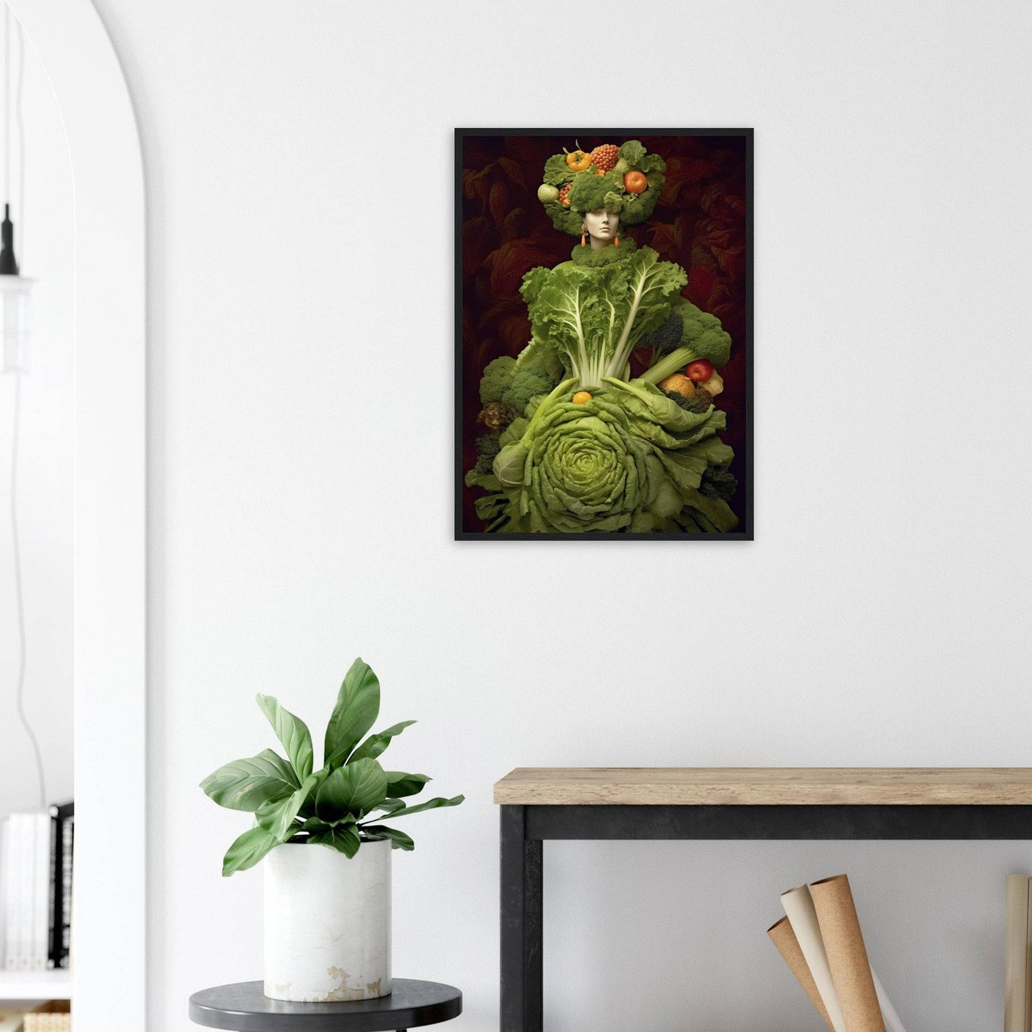 Whimsical portrait composed entirely of various green vegetables and colorful fruits.