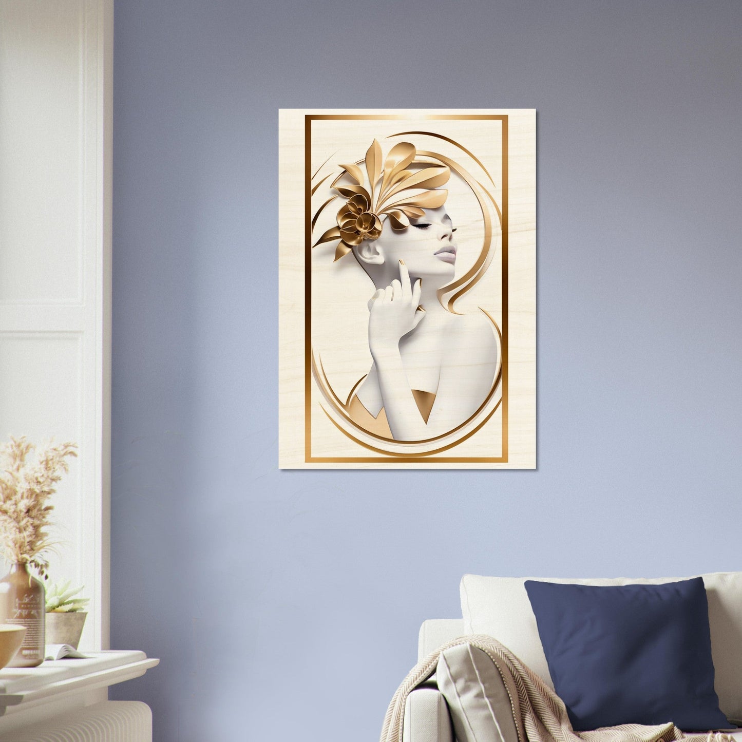 Framed artwork depicting a stylized female figure with a golden pineapple-like headdress.