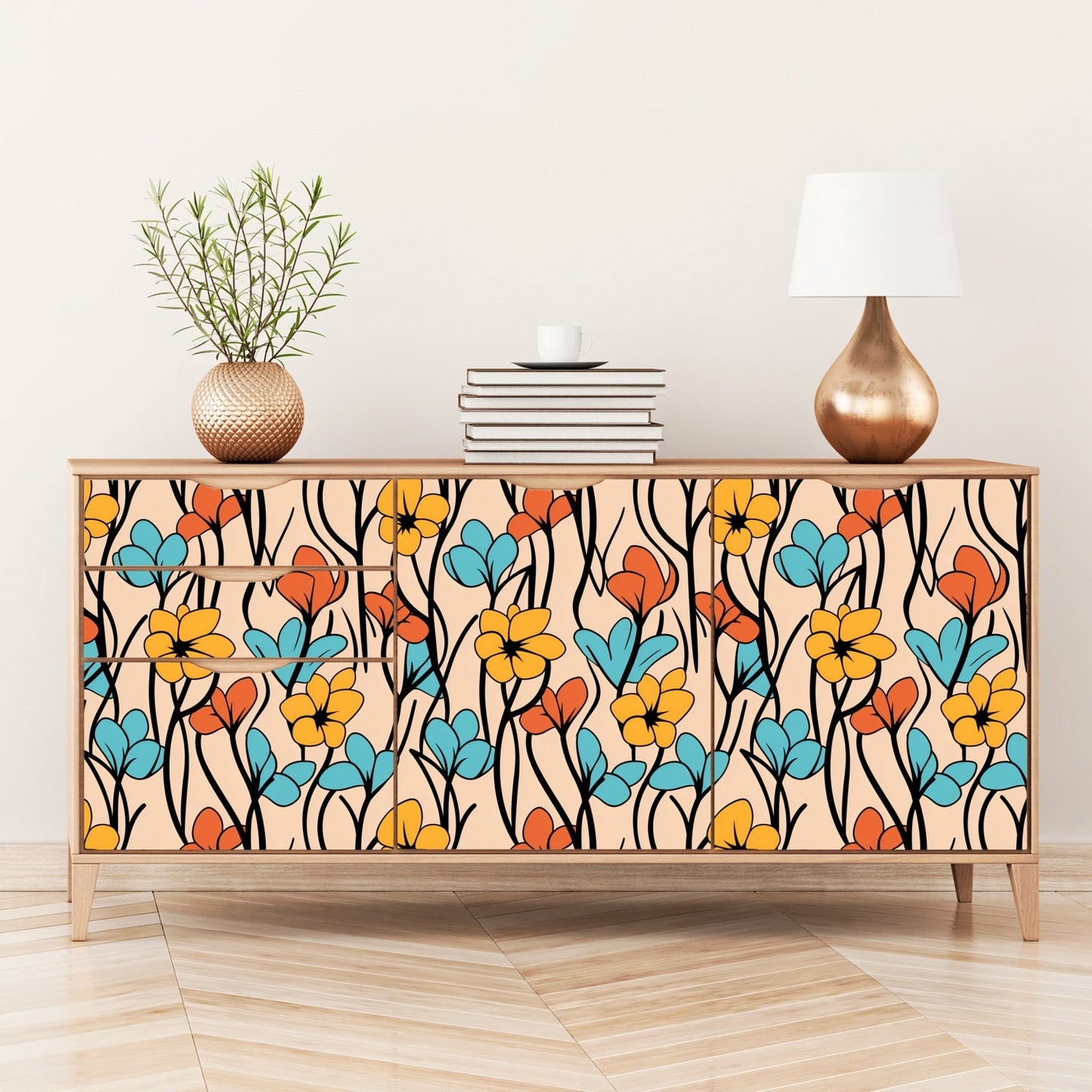 Floral-patterned sideboard with colorful flower designs on its front panels.