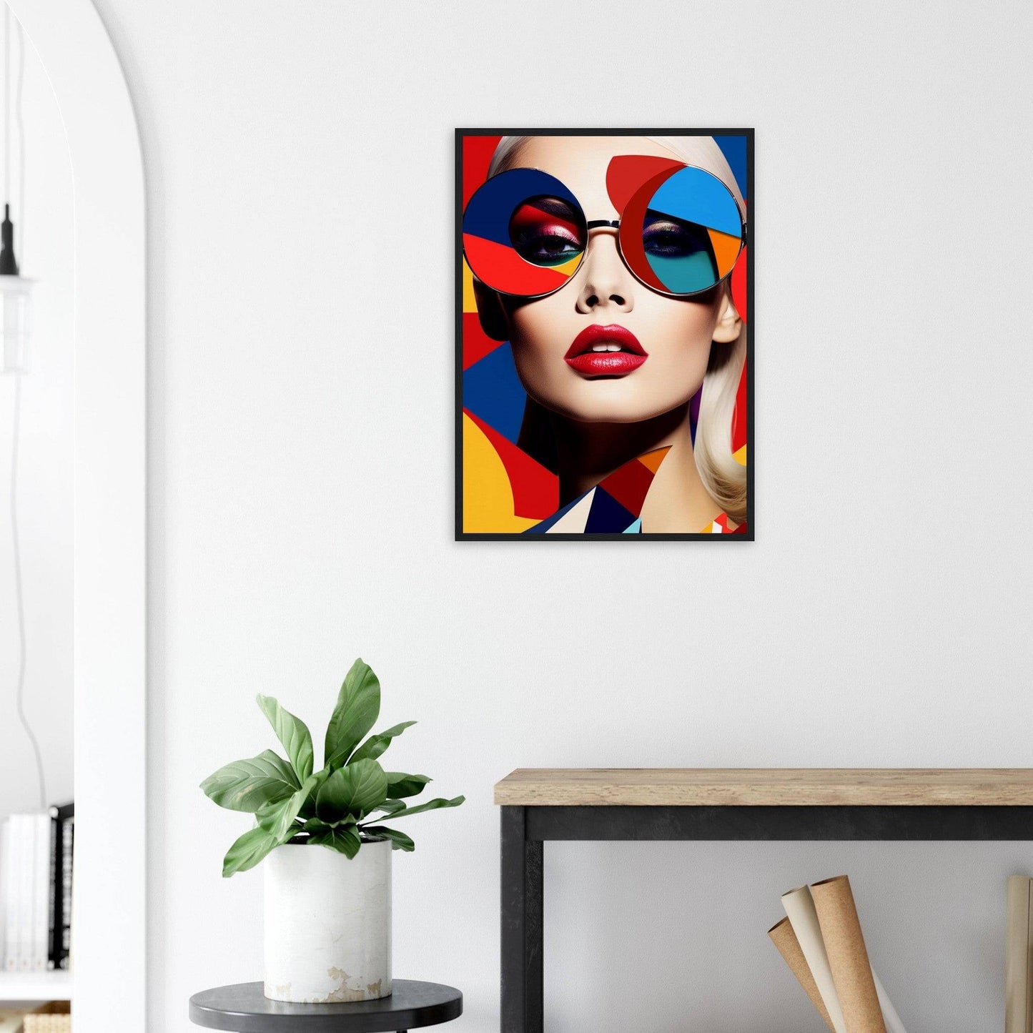 Colorful pop art-style portrait of a person wearing oversized sunglasses and bright red lipstick.