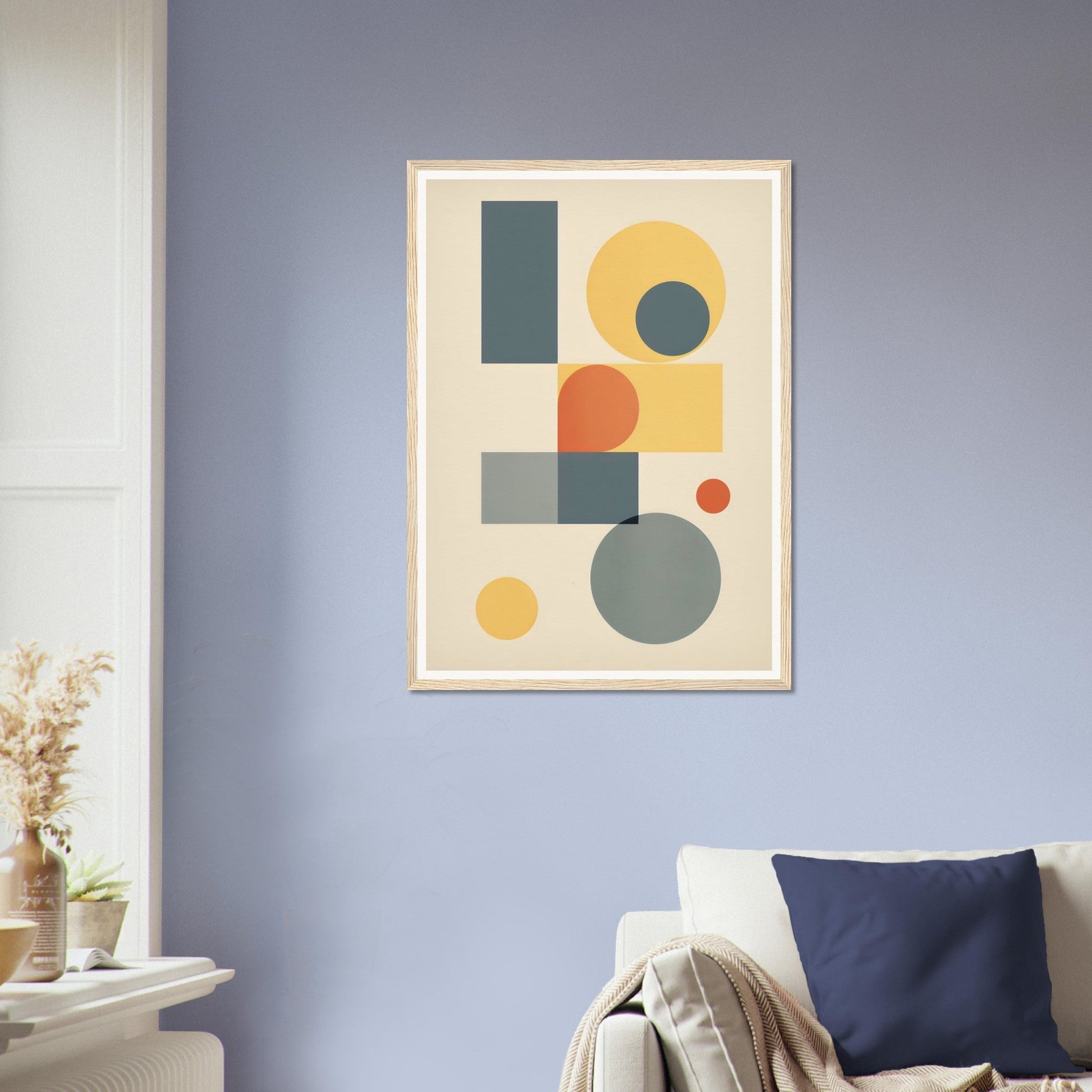 Abstract geometric artwork featuring colorful circles, rectangles, and shapes on a light background.