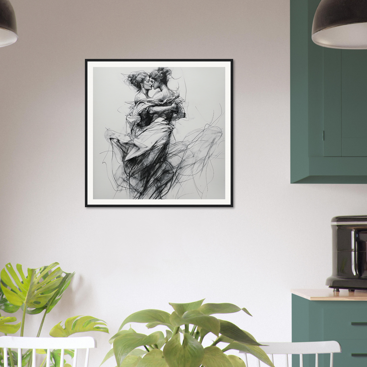 Black and white sketch of a flowing figure in motion, Fluid Embrace Reverie framed art