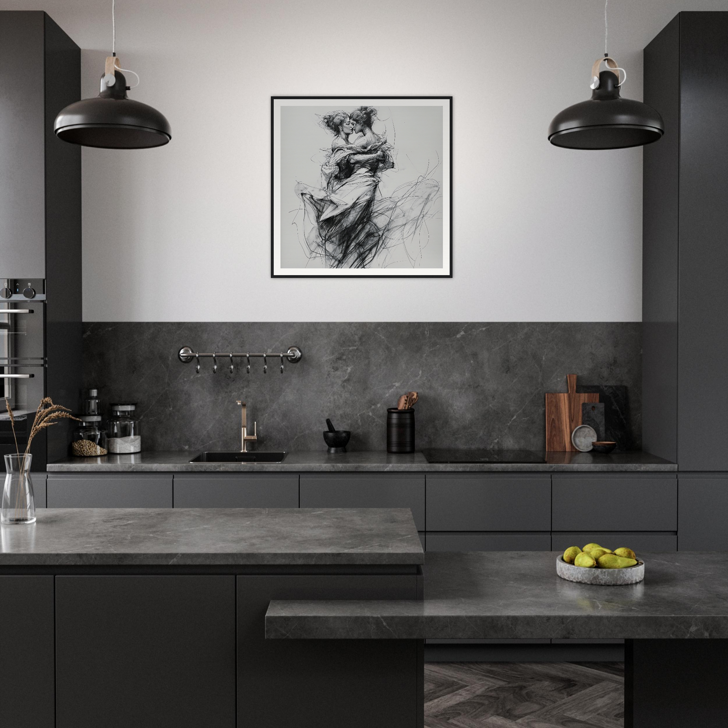 Modern dark gray kitchen featuring Fluid Embrace Reverie framed wall art and black pendant lights