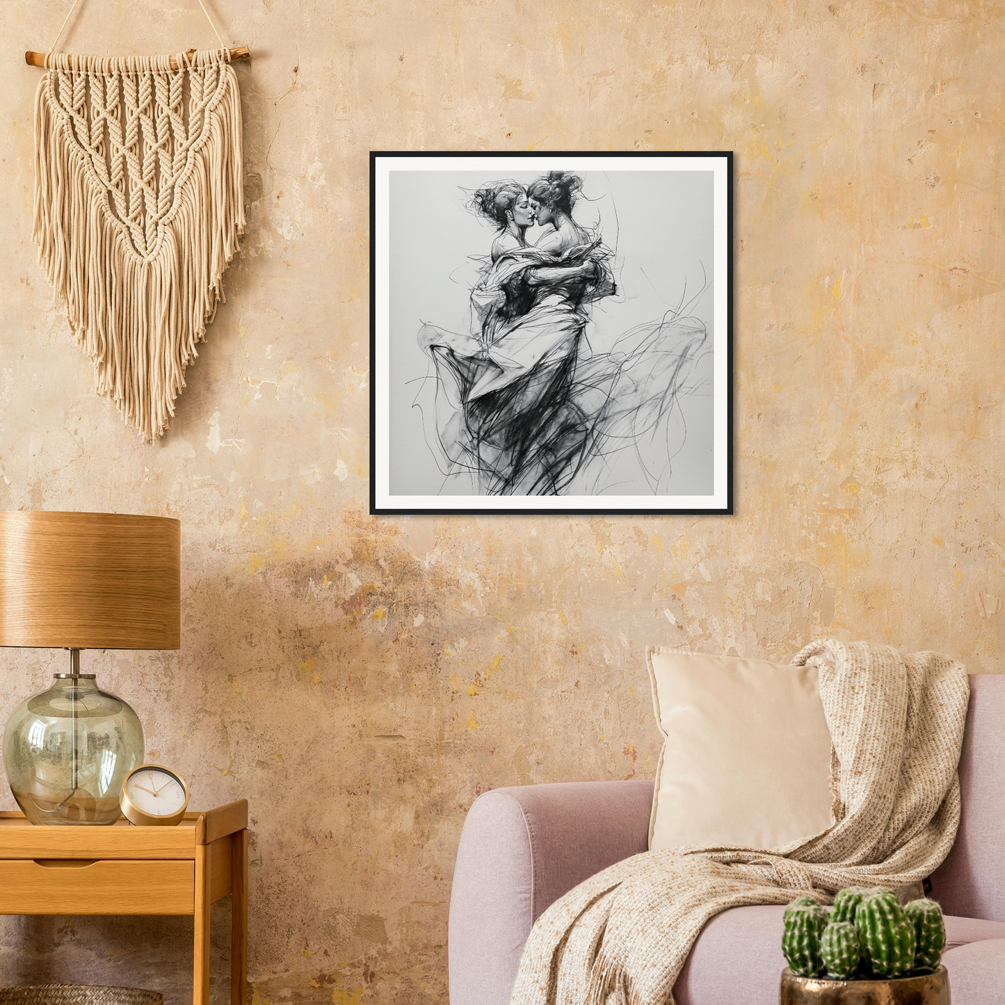 Framed wall art of Fluid Embrace Reverie sketch showcasing dynamic movement in fabric