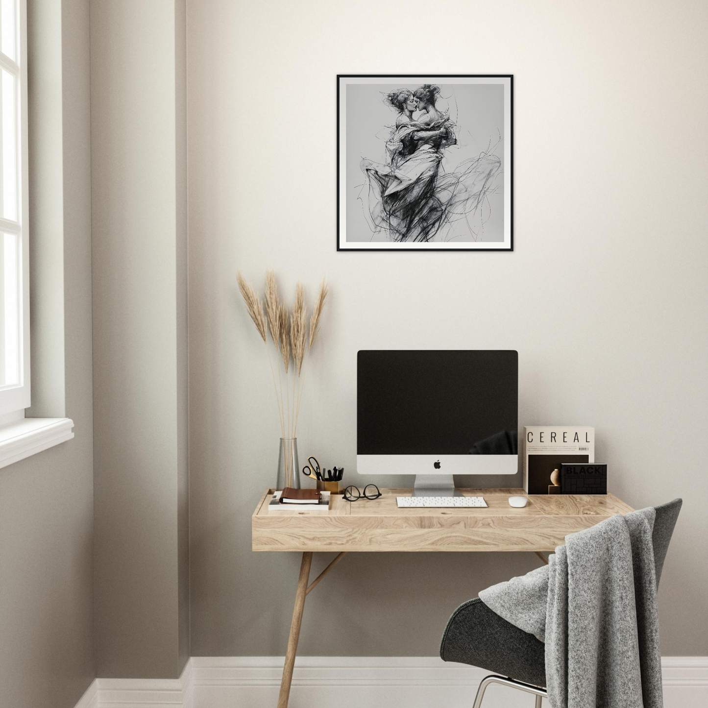Minimalist wooden desk featuring an iMac and pampas grass for Fluid Embrace Reverie vibes