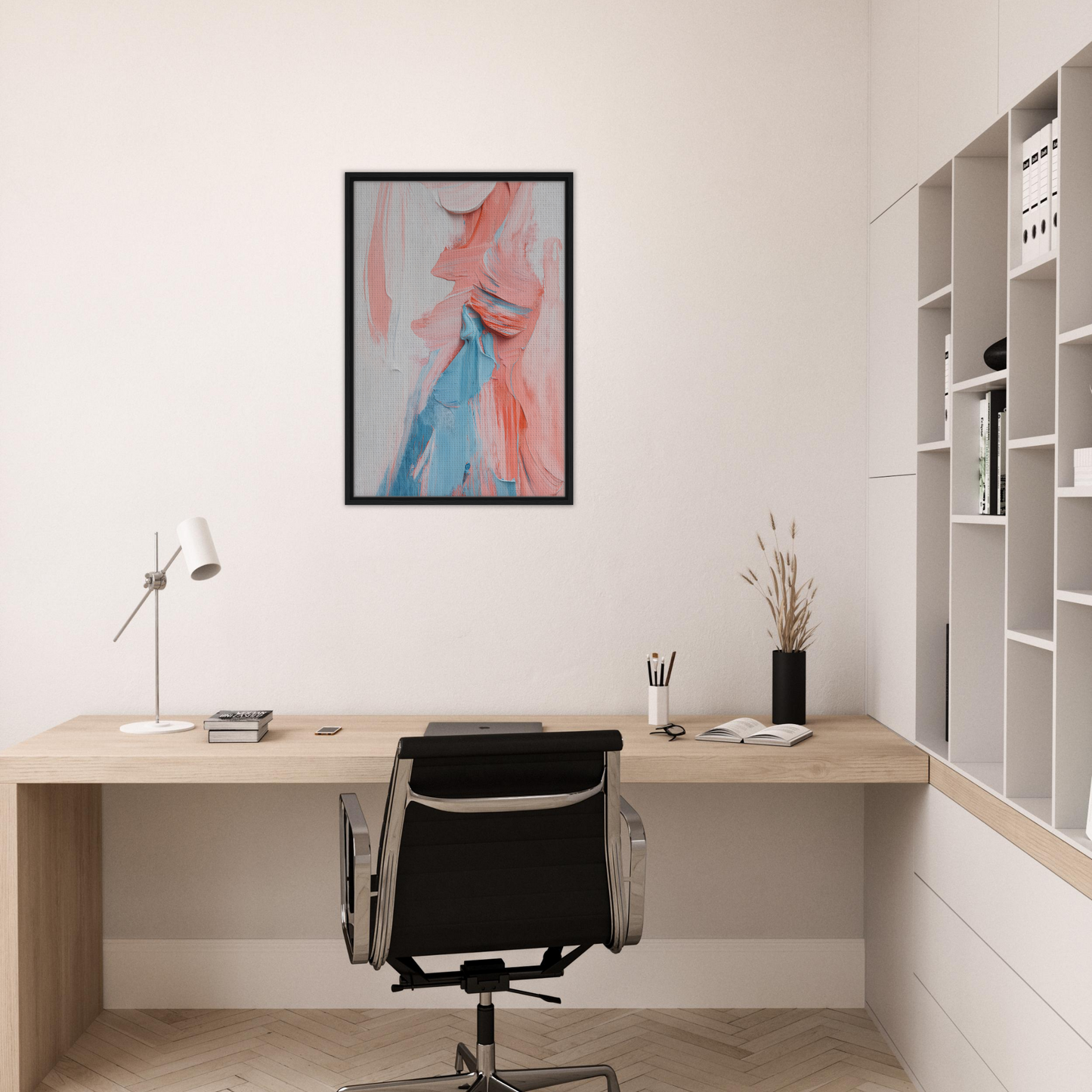Minimalist home office workspace featuring Fluid Spectrum Symphony wall art and decor