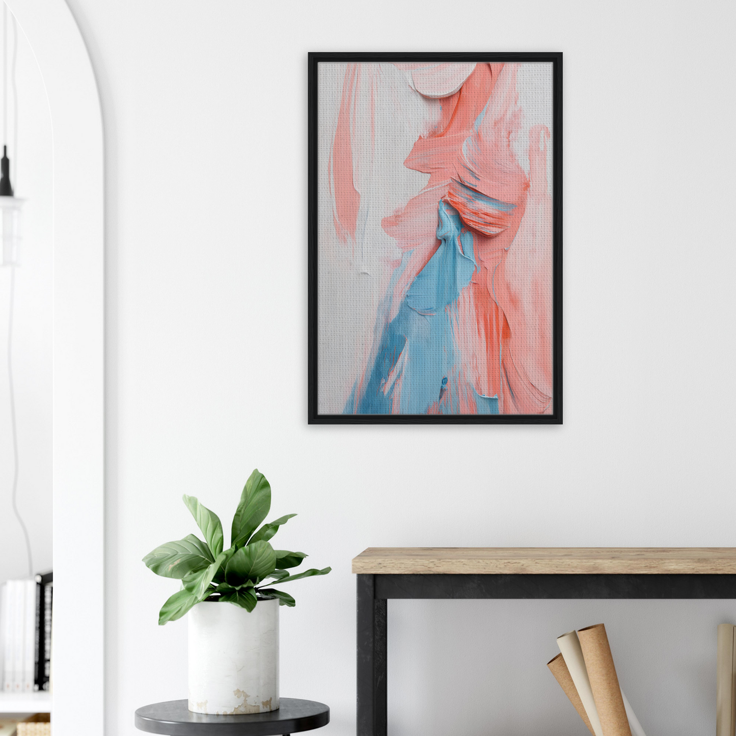 Abstract painting with soft pink and blue brushstrokes in Fluid Spectrum Symphony frame