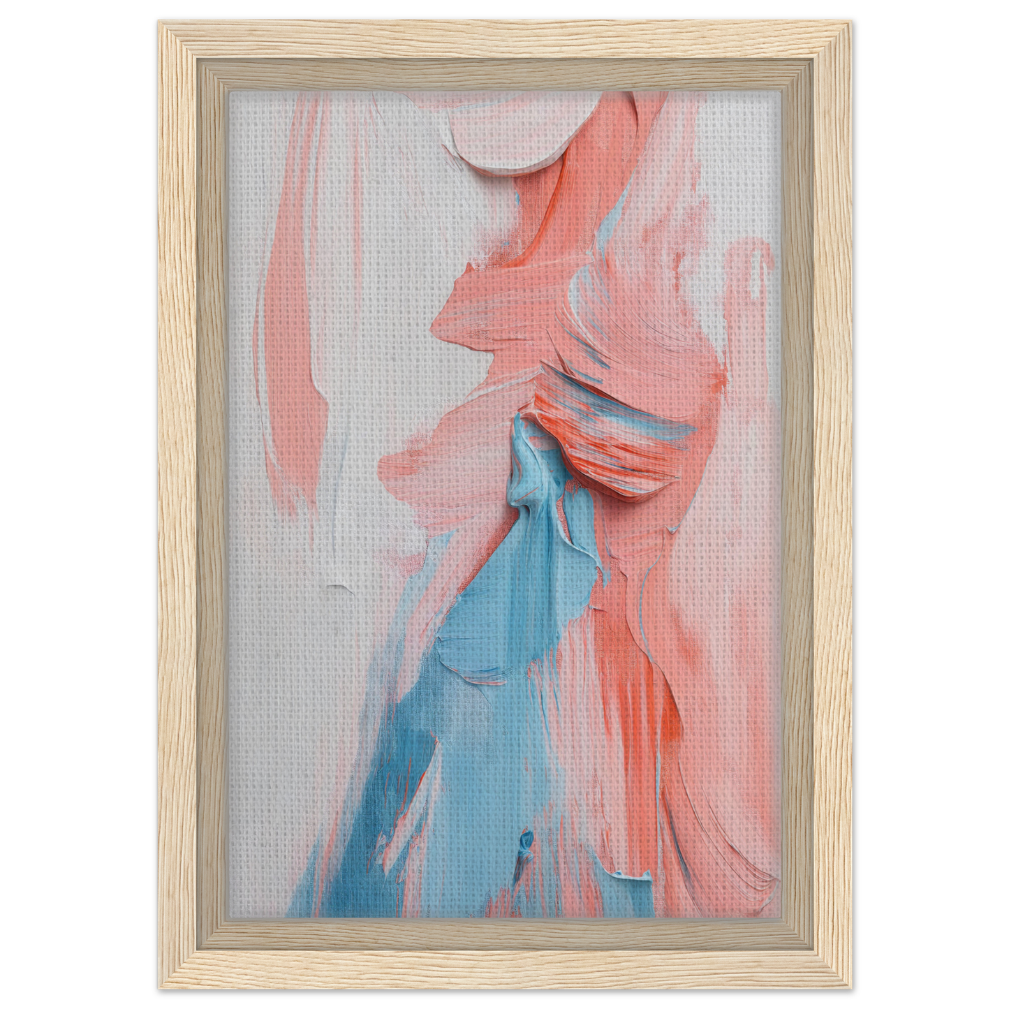 Abstract painting with pink and blue swirls, Fluid Spectrum Symphony in wooden frame