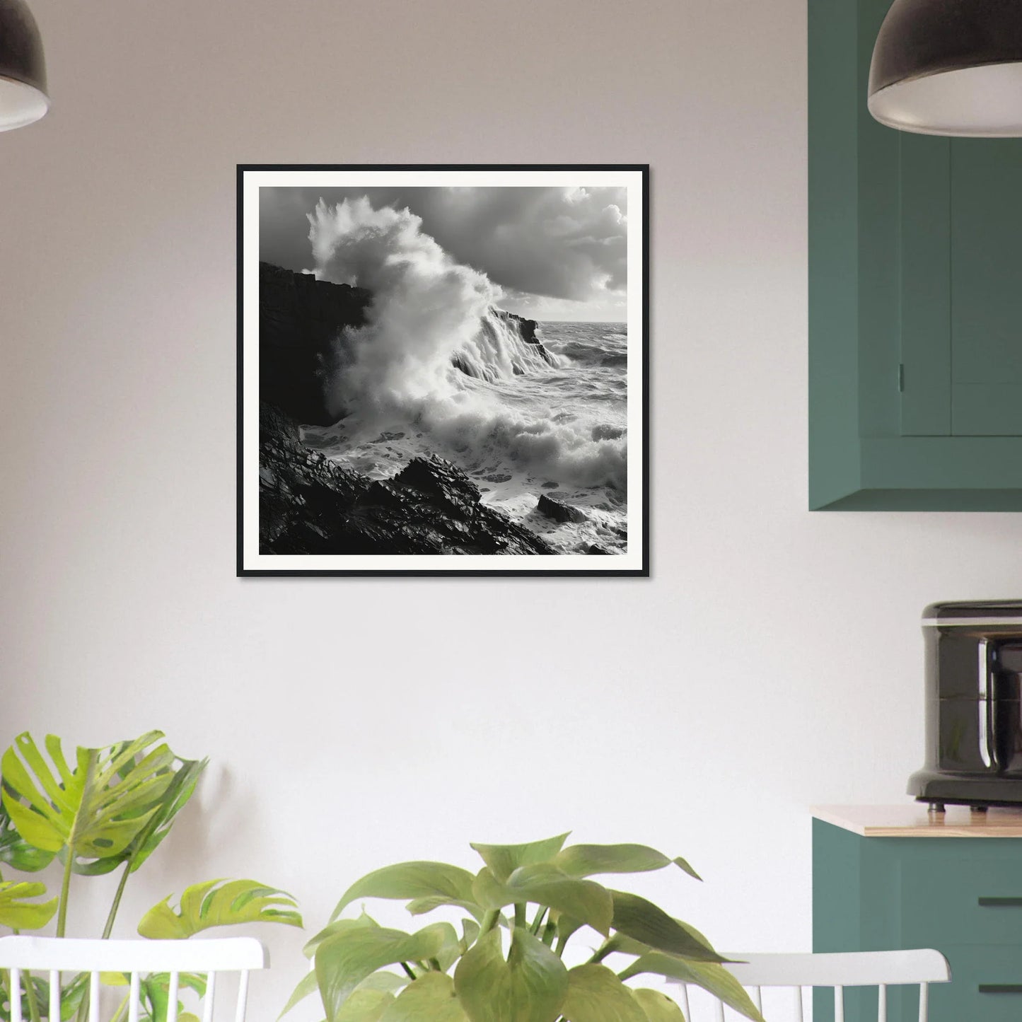 Dramatic black and white ocean waves crashing cliffs in Foamy Abyss Wails art