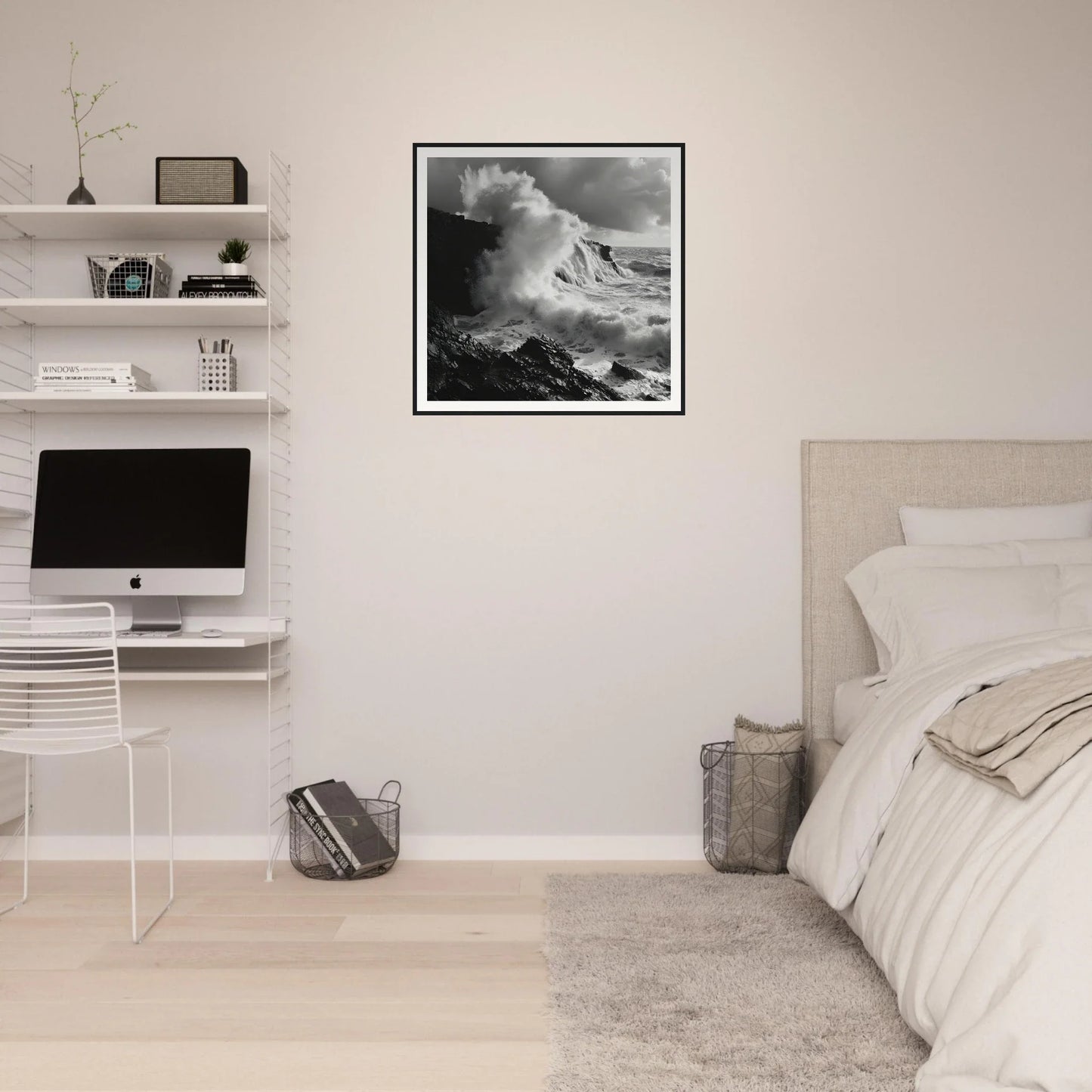 Minimalist bedroom featuring Foamy Abyss Wails art, iMac workstation, and floating shelves