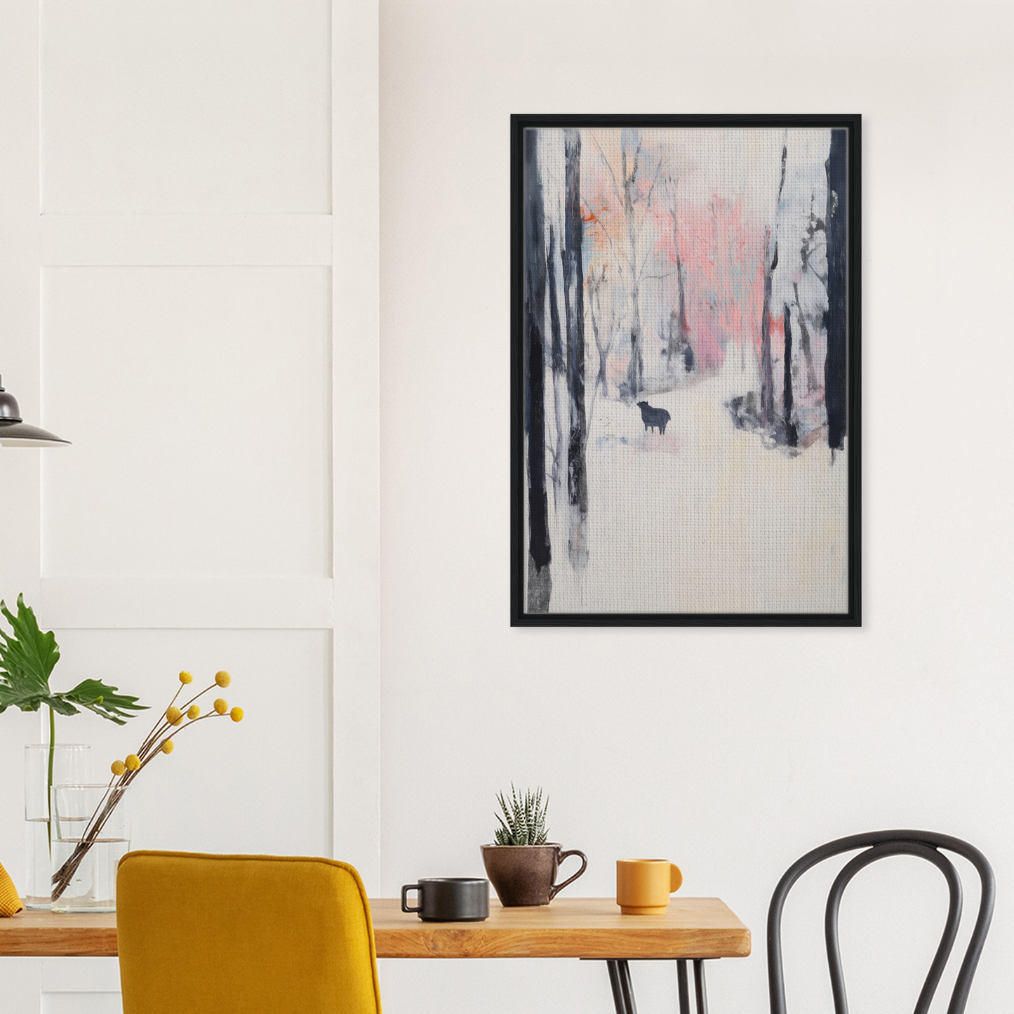 Framed abstract painting of snowy forest with deer silhouette for Forest’s Quiet Symphony room decor