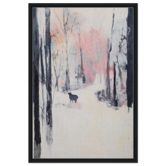 Abstract painting of a snowy forest scene with a deer silhouette from Forest’s Quiet Symphony