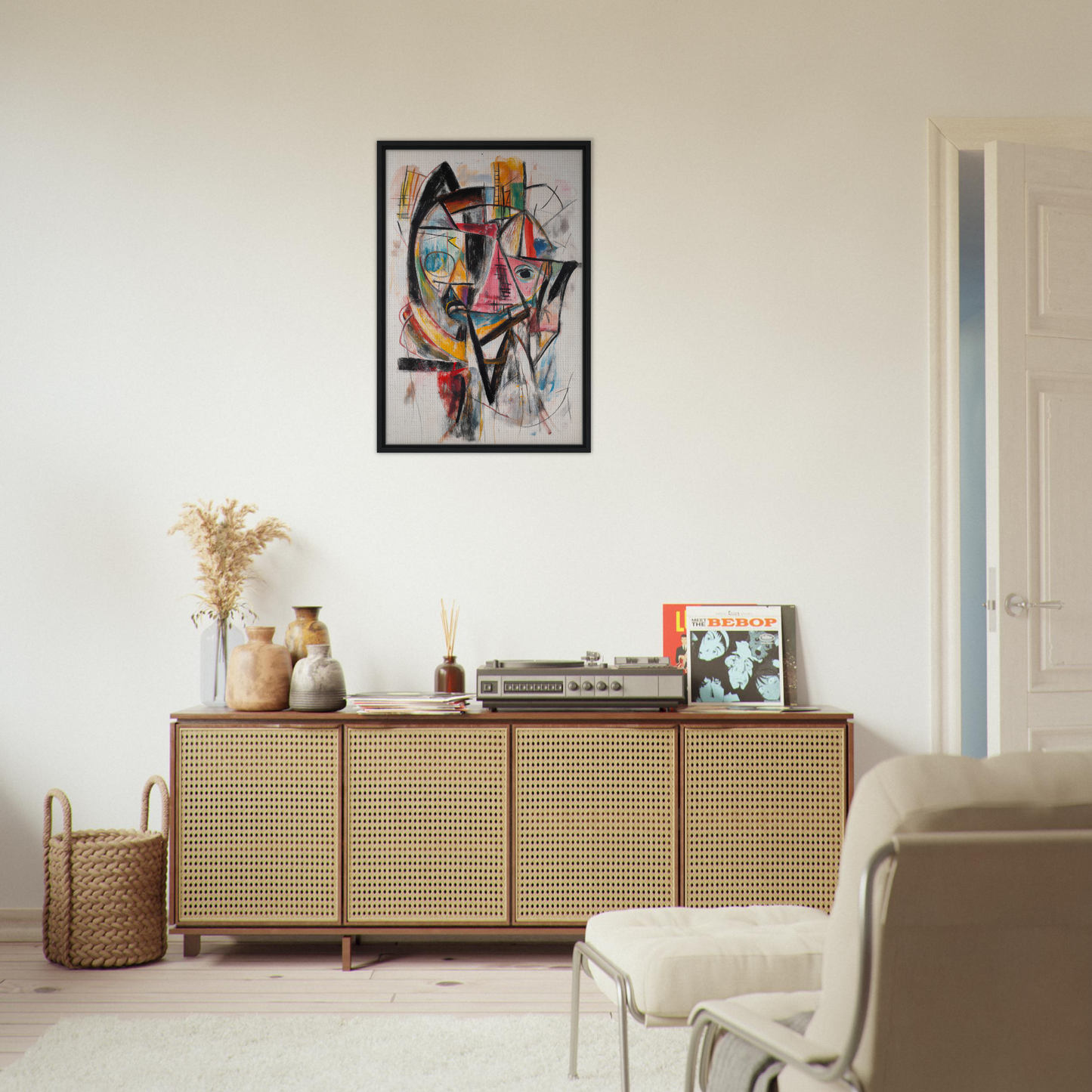 Wooden sideboard with cane-webbed doors, perfect for Fragmented Vortex Delirium room decor