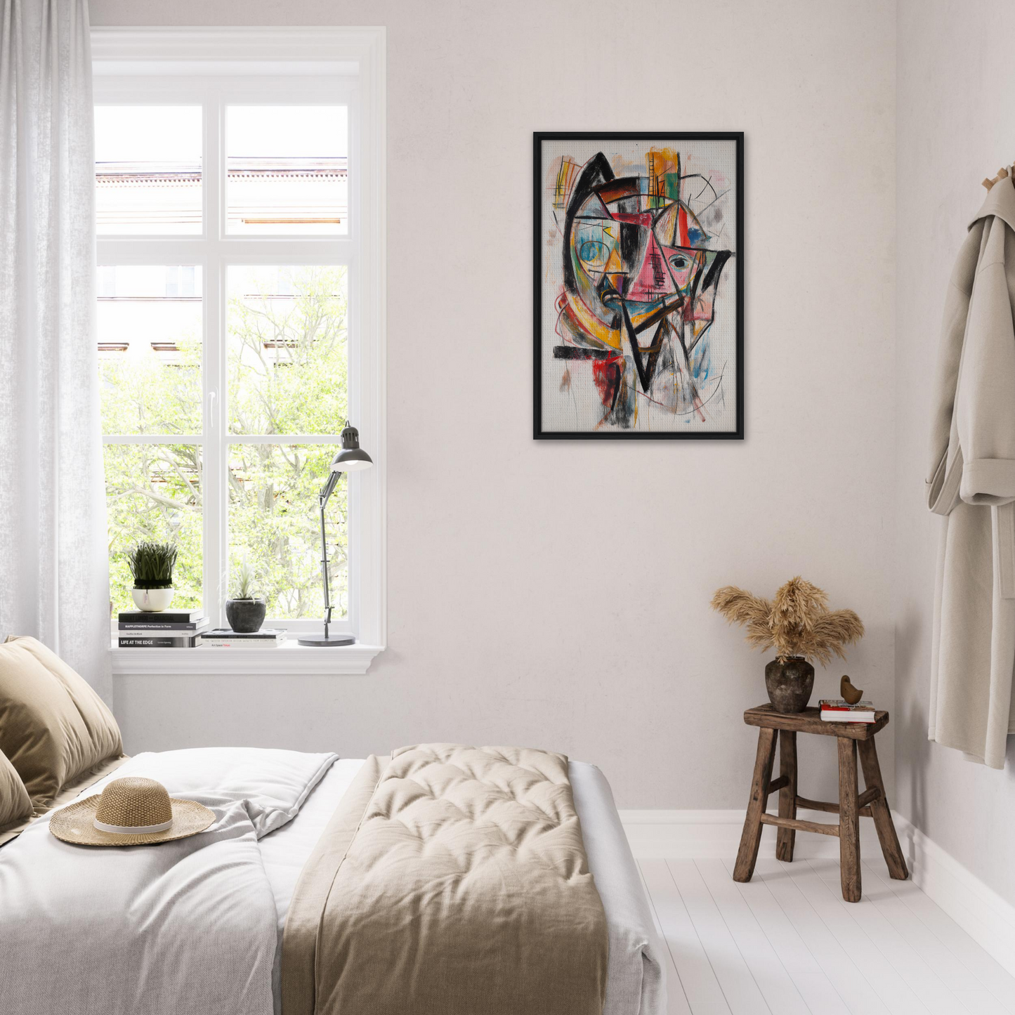 Bright, airy bedroom showcasing Fragmented Vortex Delirium framed canvas print