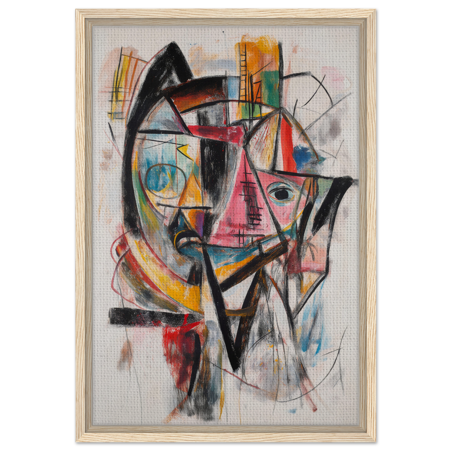 Abstract painting of a colorful fragmented face in Fragmented Vortex Delirium design