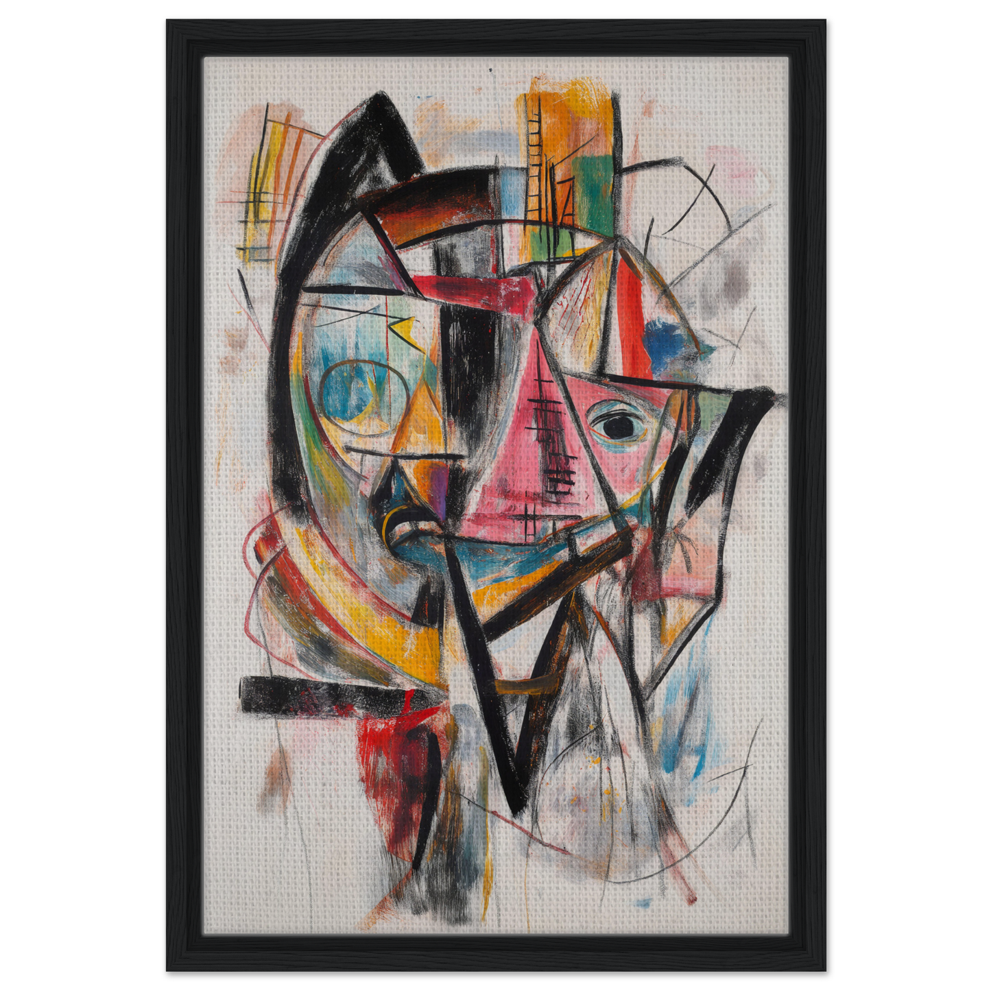 Abstract painting of a colorful, fragmented face in geometric shapes for Fragmented Vortex Delirium